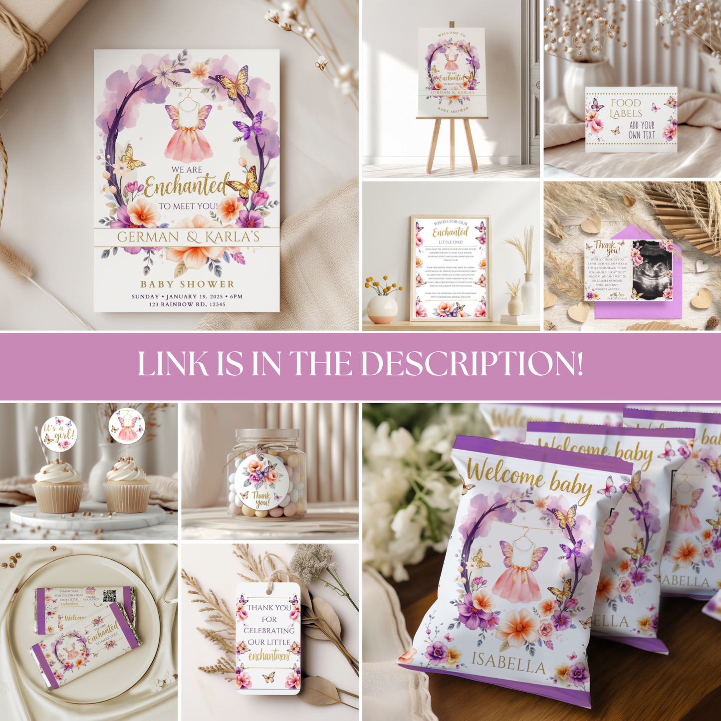 Collage of baby shower invitations and decorations with floral designs and text.