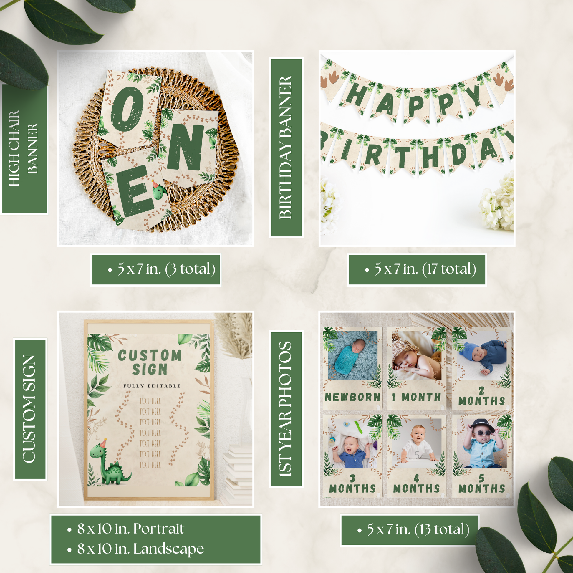 Collection of birthday-themed products including a banner, sign, and photo collage on a white background.