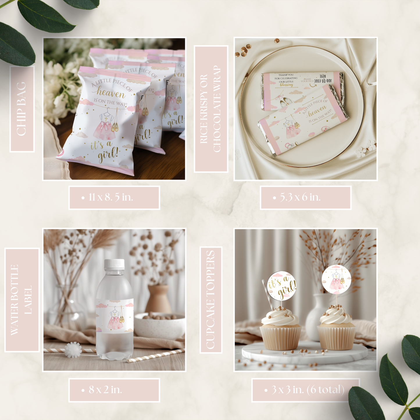 Collage of baby shower products with packaging, cards, and decor items.