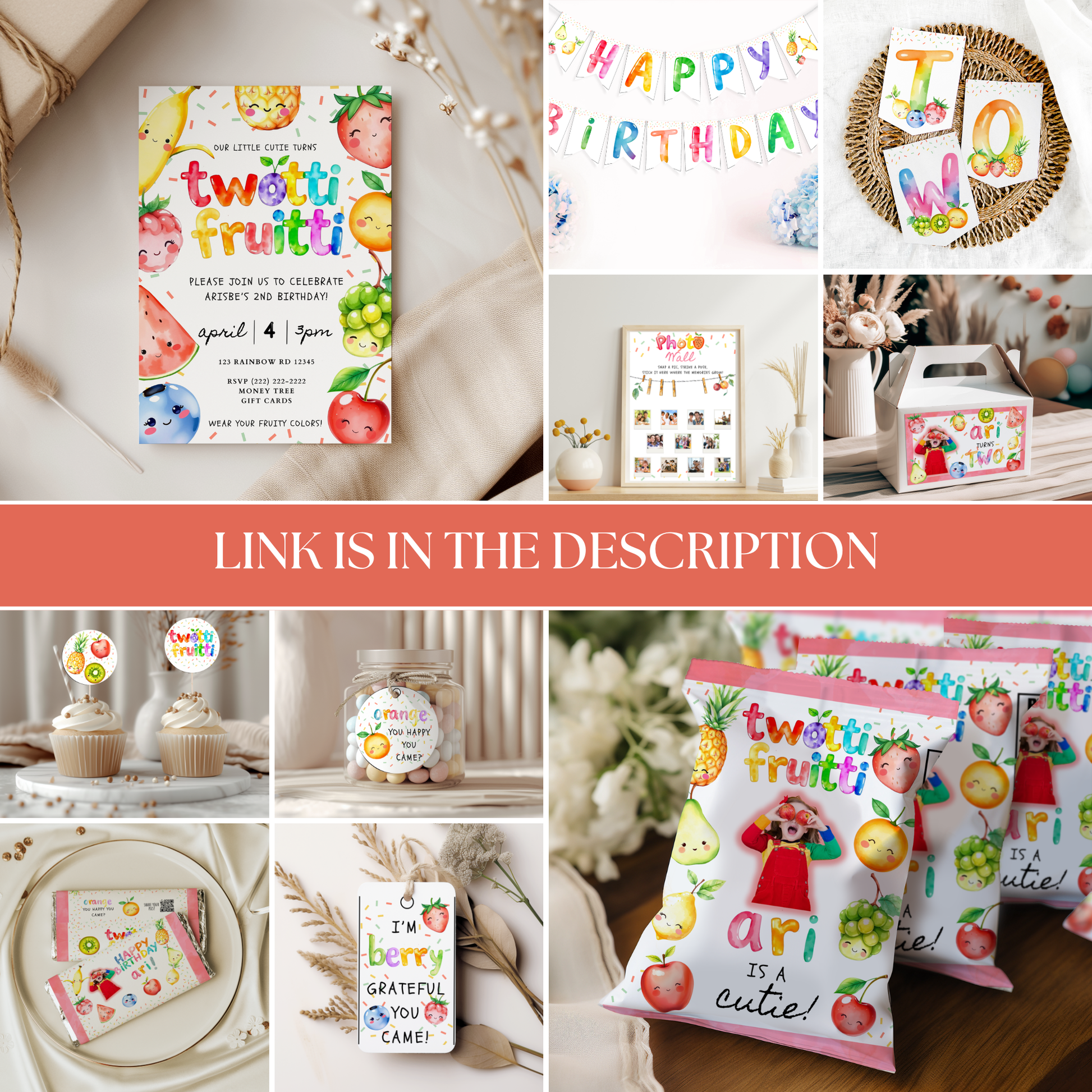 Collage of children's party supplies with colorful designs and text.
