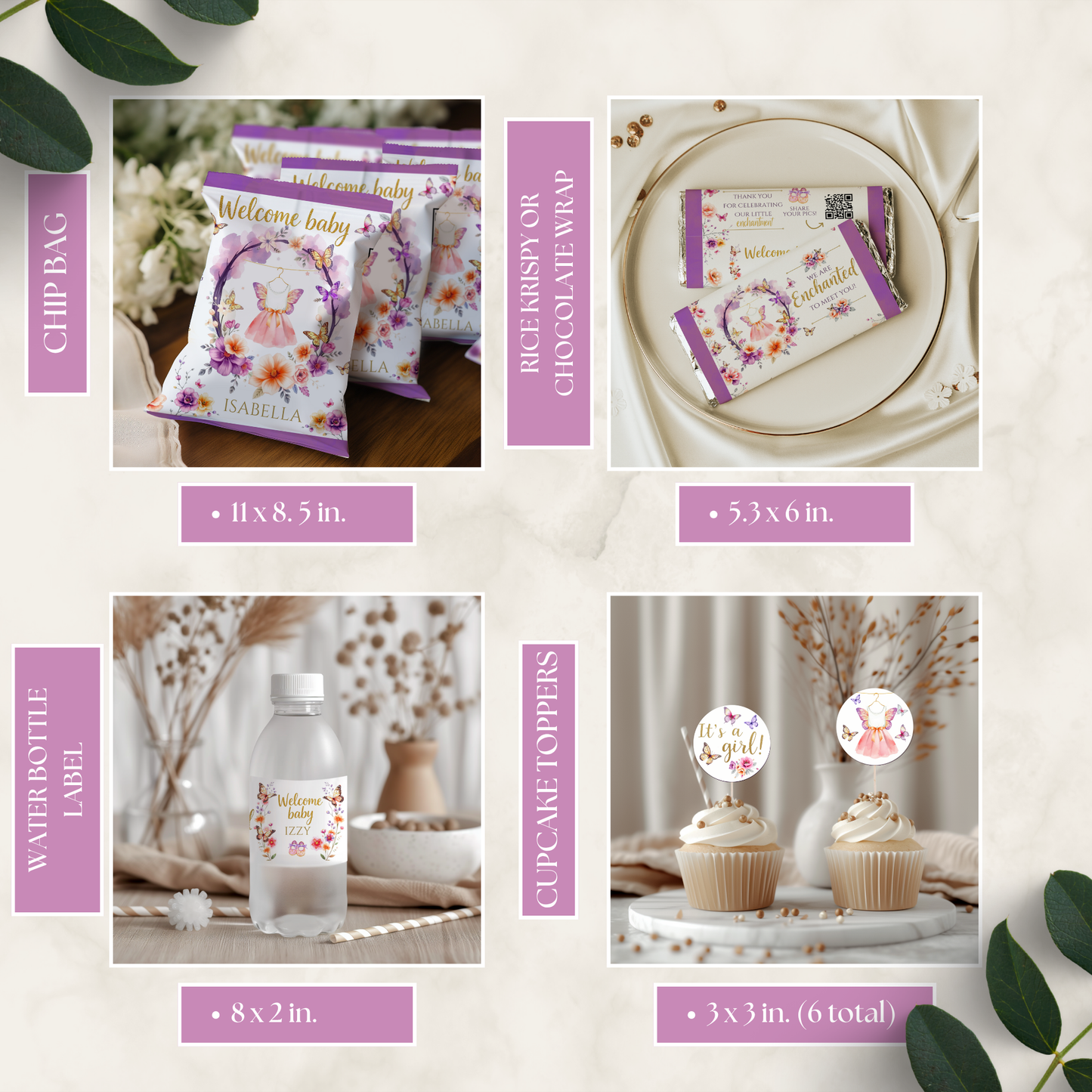 Collage of baby shower-themed products including chip bags, rice crispies, chocolate wrap, water bottle labels, cupcake toppers, and a welcome baby label.