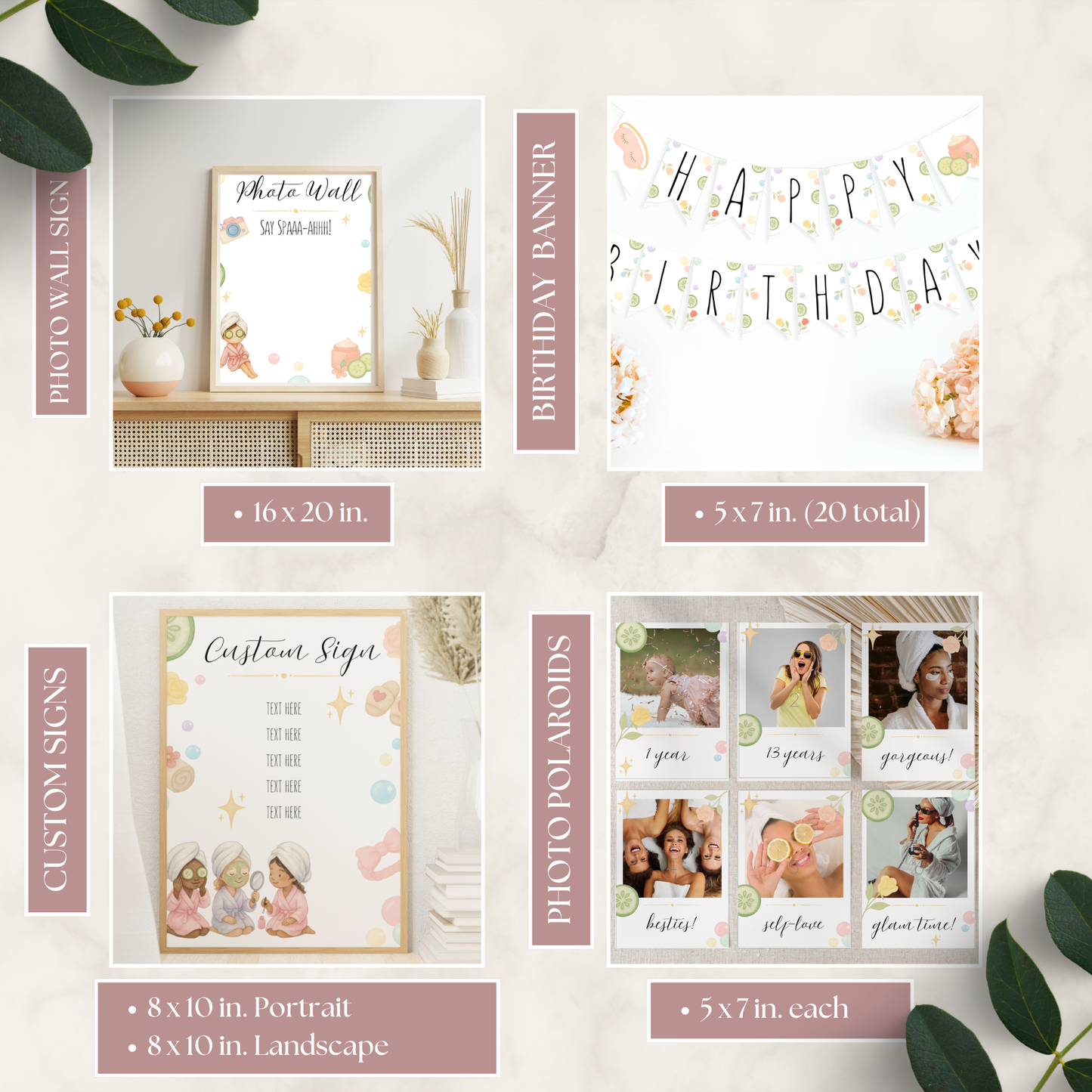 Collection of customizable photo products including a photo wall, birthday banner, custom sign, and photopolaroids on a light background.