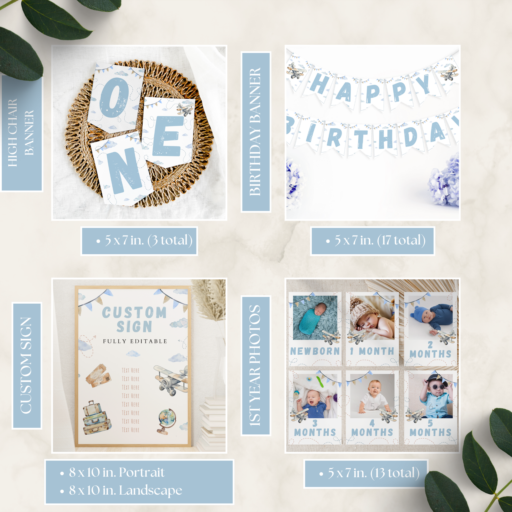Collection of birthday-themed products including banners, signs, and photo albums on a light background.