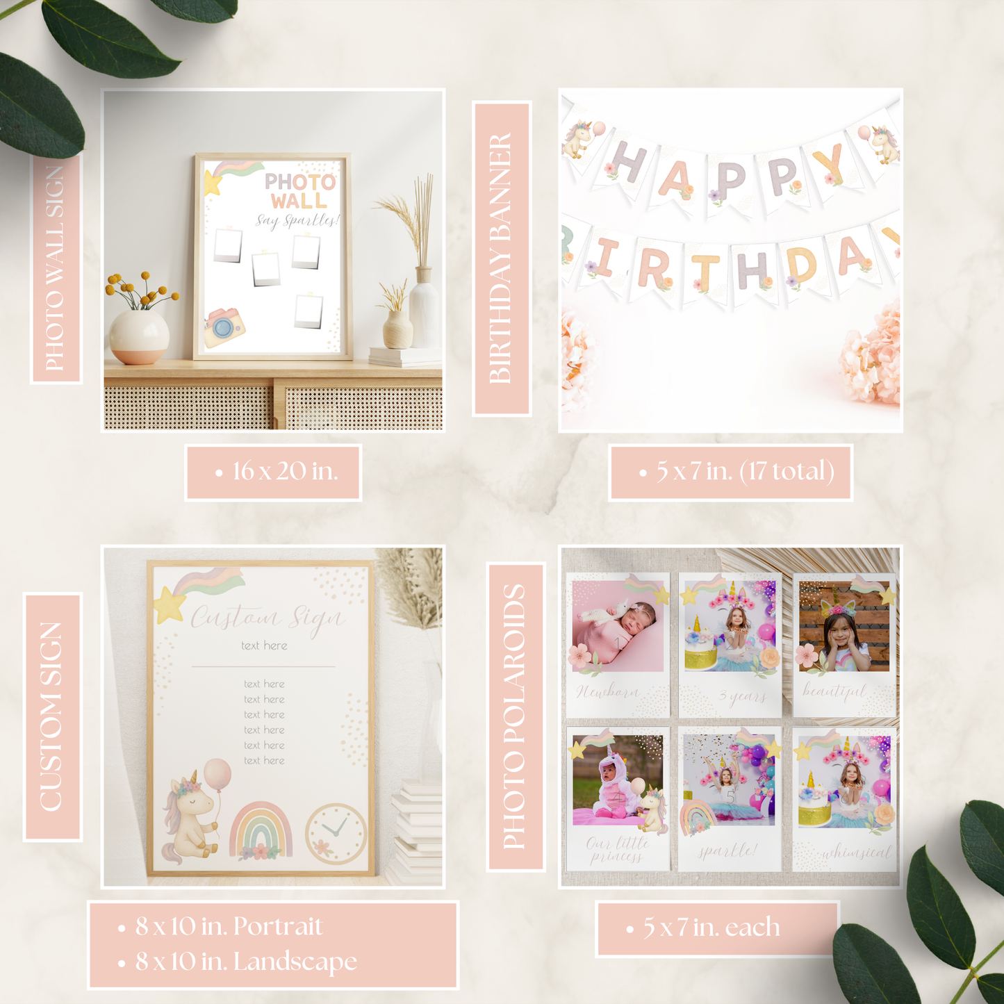 Collection of customizable photo products including a birthday banner, photo wall, and photo albums on a white background.