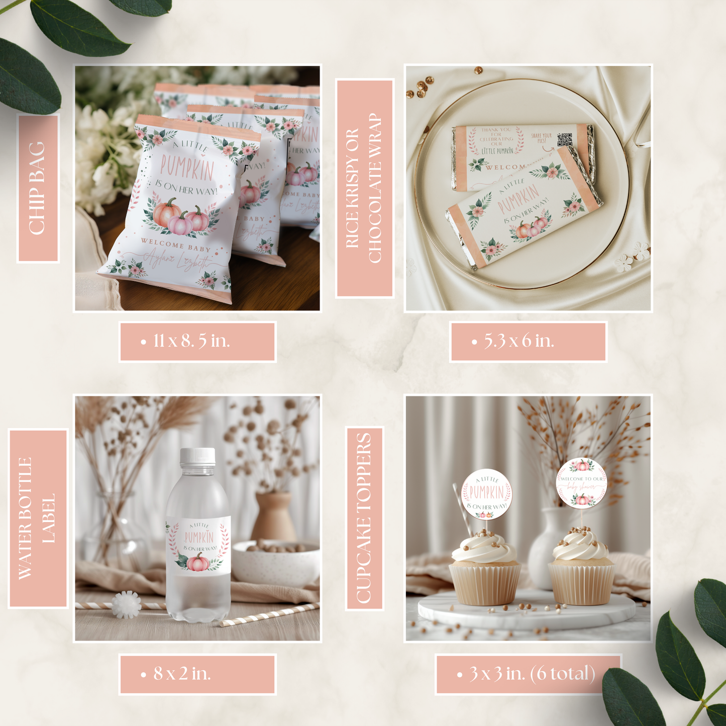 Collage of product packaging with floral designs and text on various items.