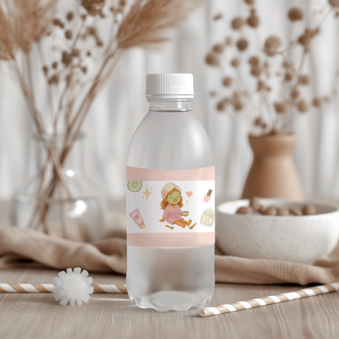 Clear plastic bottle with a decorative label featuring cartoon characters on a wooden surface with decorative elements.