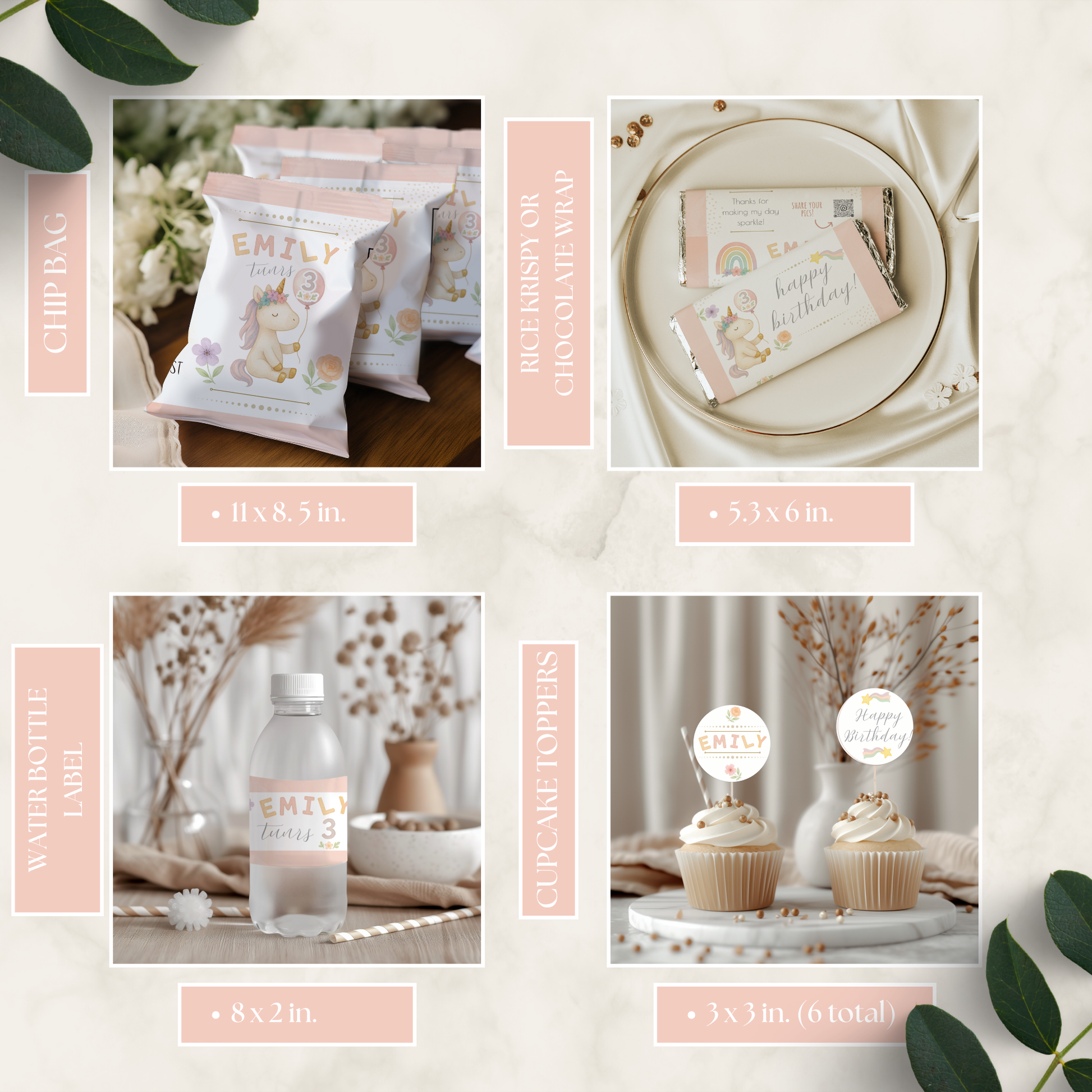 Unicorn Themed Birthday Bundle featuring personalized chip bag, chocolate or rice krispy wrapper, water bottle label, and cupcake toppers with pastel colors and whimsical unicorn designs.
