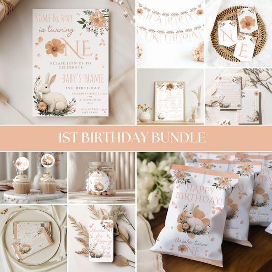 Some Bunny Is Turning One Birthday Bundle featuring elegant floral and bunny-themed birthday party printables, cake toppers, party favor tags, and decorations in soft neutral tones.