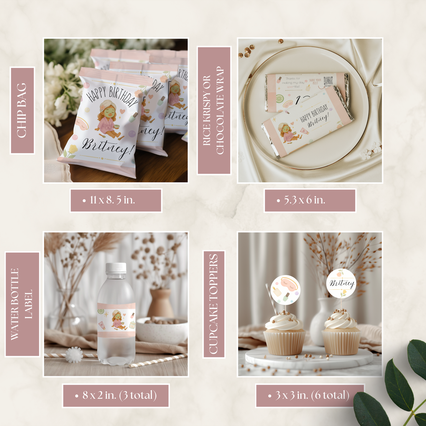 Collection of birthday-themed packaging items including chip bags, rice crispies wrap, water bottle label, and cupcake toppers.