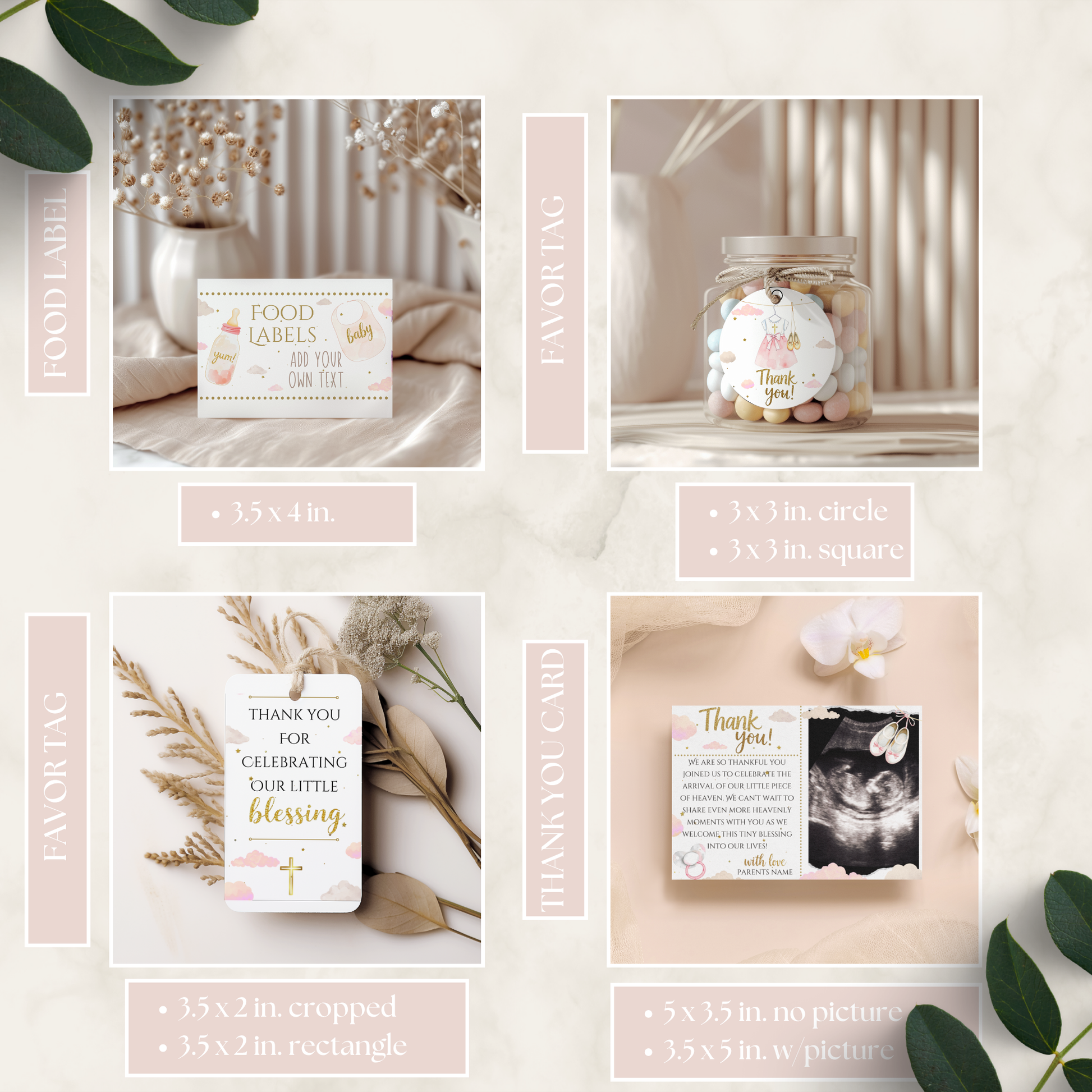 A display of printable party decorations including food labels, favor tags, and thank you cards styled with soft pastel colors and delicate floral accents, part of A Little Piece Of Heaven Girl Baby Shower Bundle.