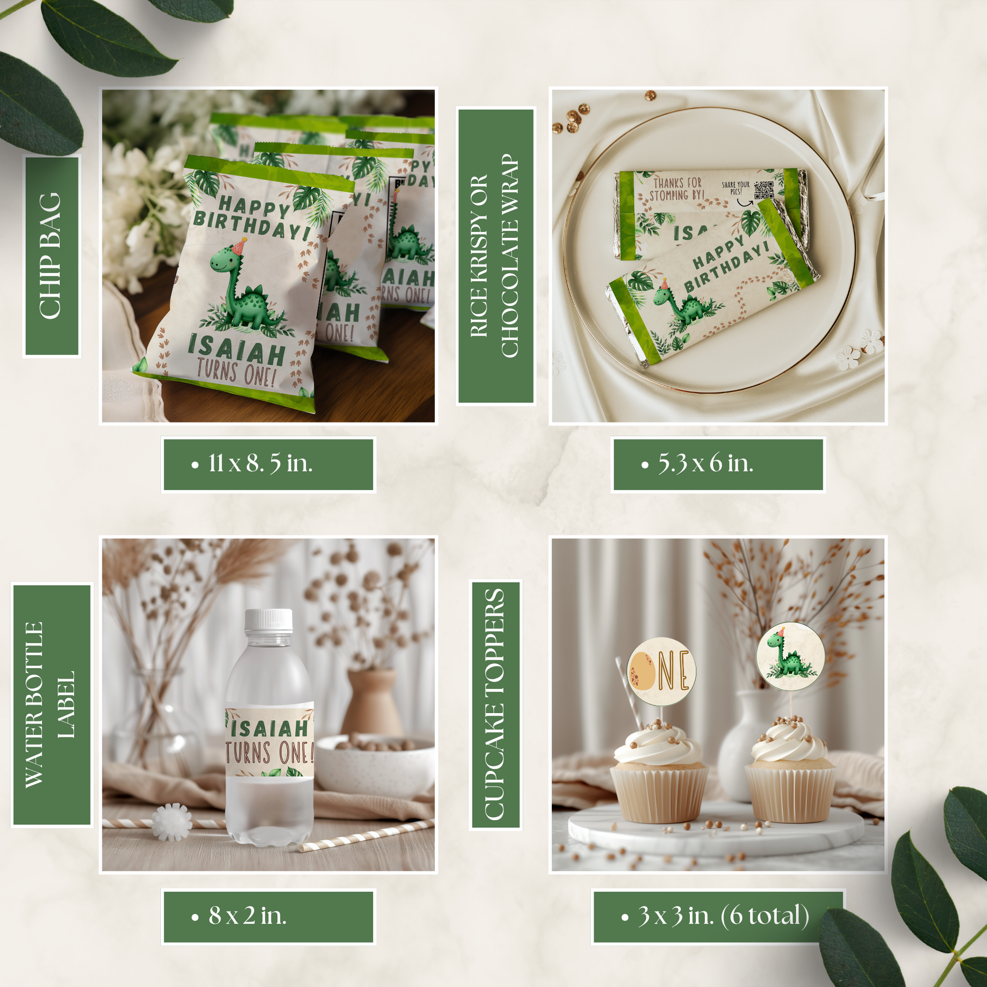 Collage of product packaging with green accents and text, including chip bags, water bottle labels, and cupcake toppers.