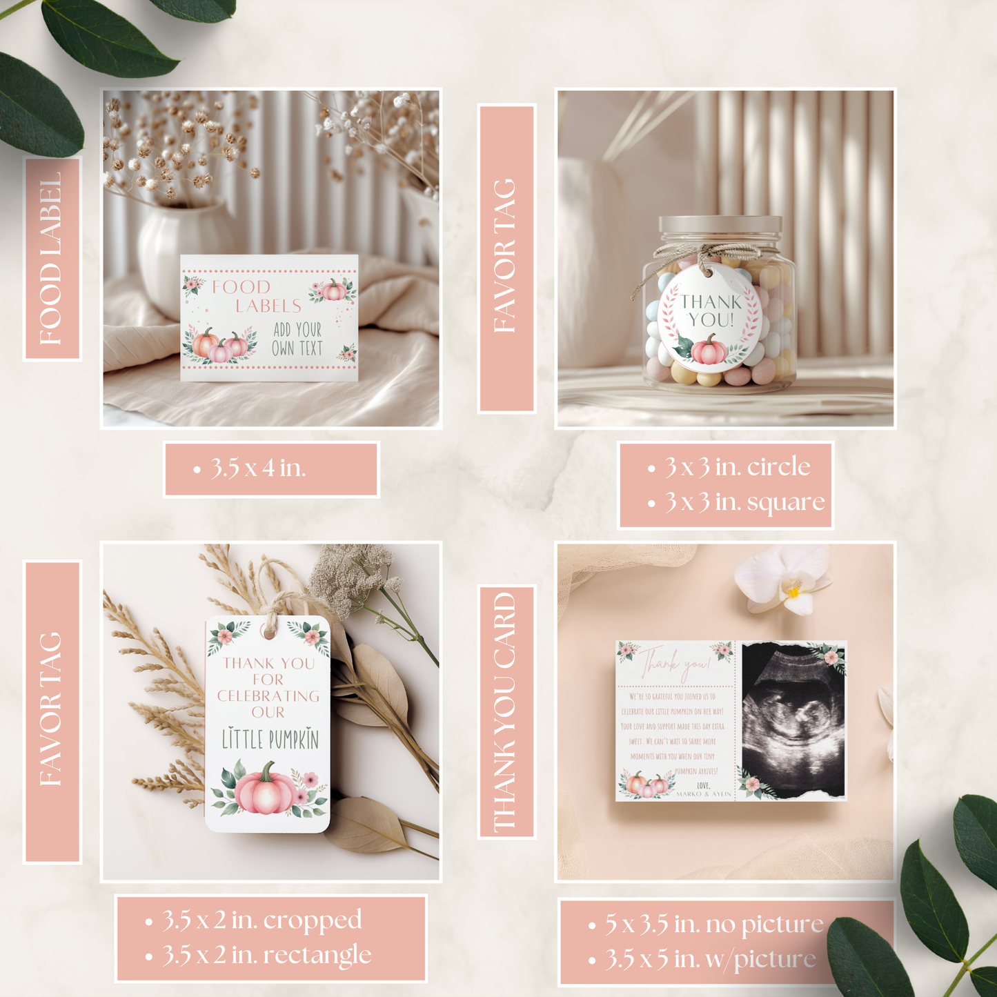 A collection of printable party decorations including food labels, favor tags, and thank you cards featuring pumpkin-themed designs in soft pastel colors for the "A Little Pumpkin is On The Way Baby Shower Bundle