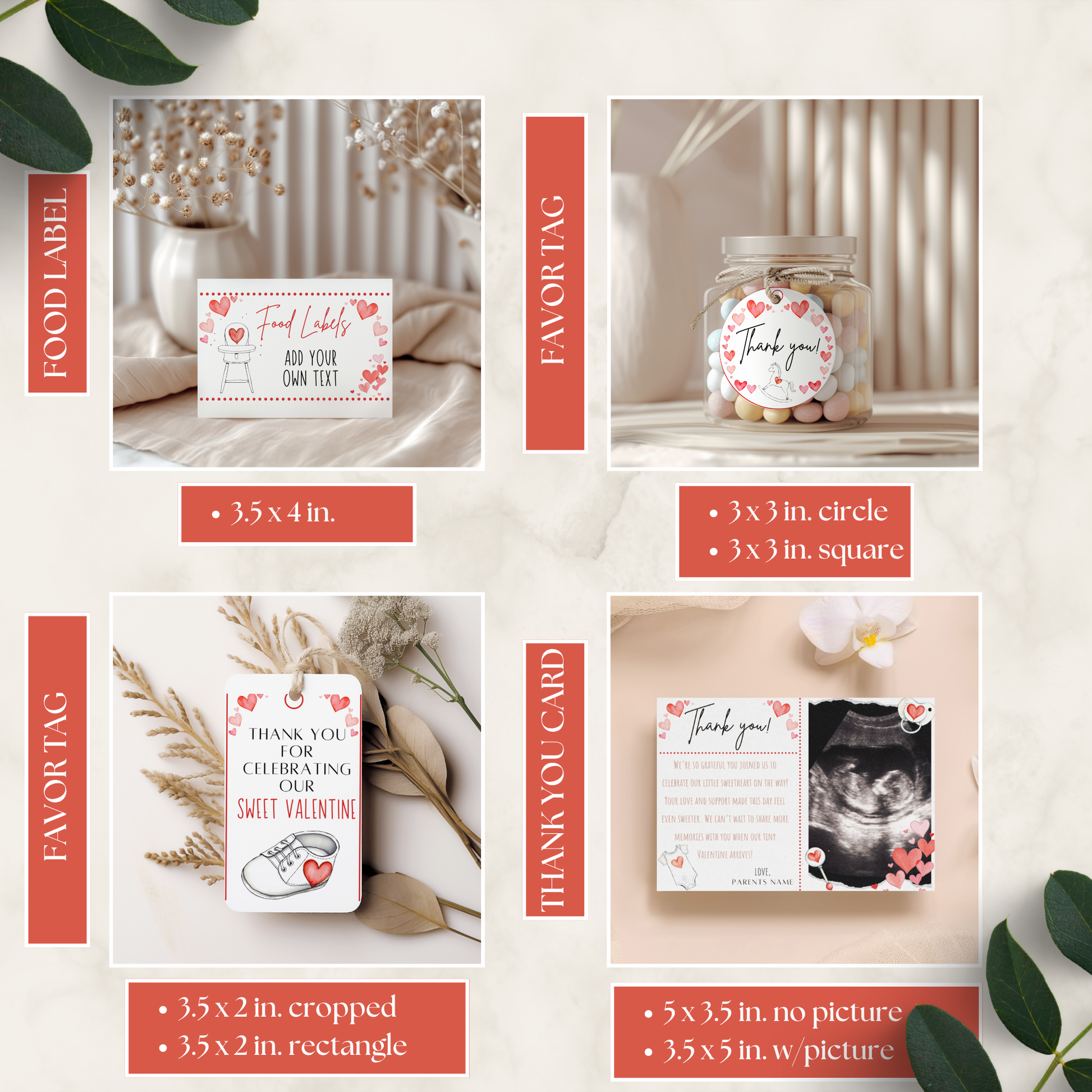 Collage of various customizable product labels and tags with text and images on a neutral background.