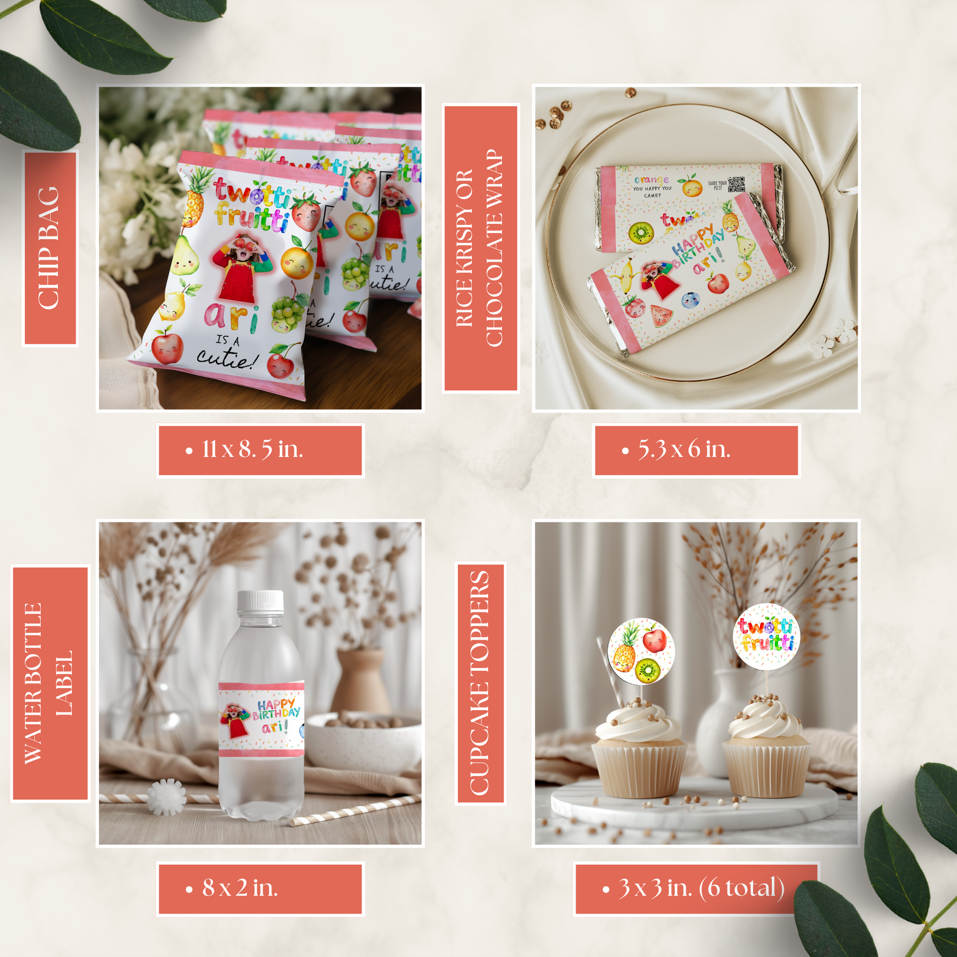 Collage of children's party products including invitations, signs, and photo boxes with product dimensions.