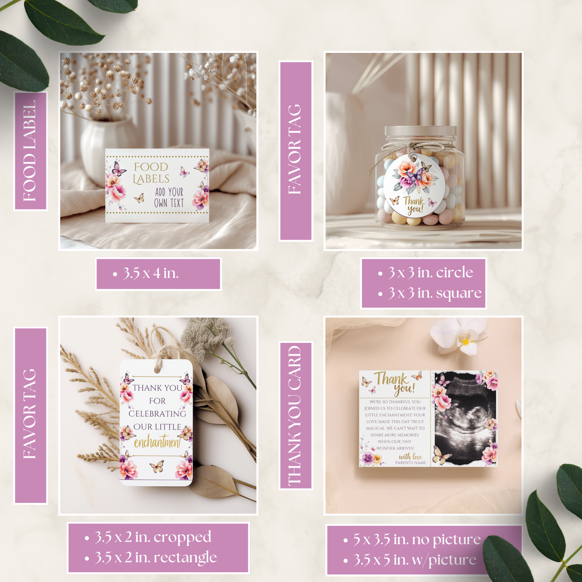 Enchanted To Meet You Baby Shower Bundle featuring floral-themed food labels, favor tags, and thank you cards with customizable text, adding elegant printable party decorations.