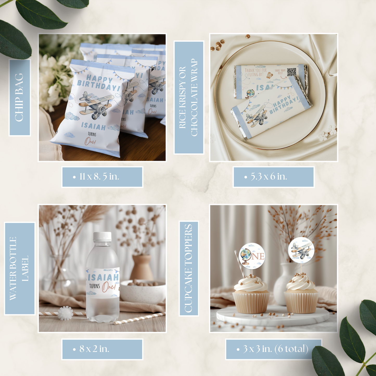 Collection of personalized party supplies with product dimensions displayed.