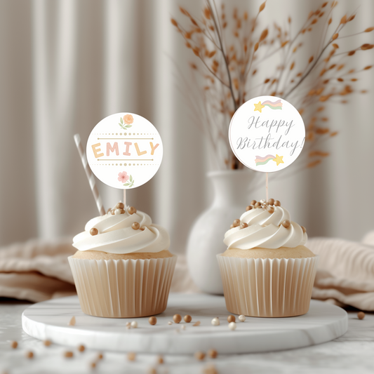 Two cupcakes with decorative toppers on a marble surface with a neutral background