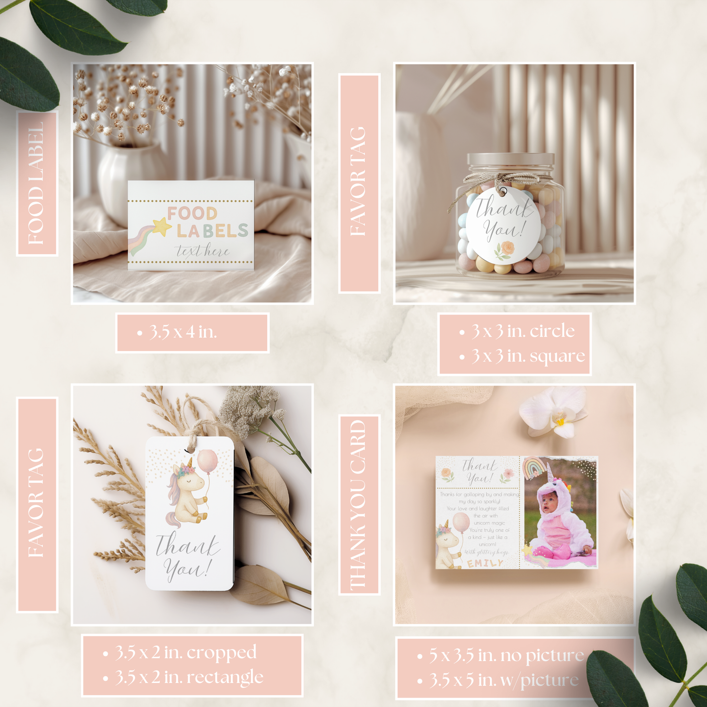 Unicorn Themed Birthday Bundle featuring pastel-colored food labels, thank you tags, and customizable thank you cards with whimsical unicorn and balloon designs for a magical party setup.