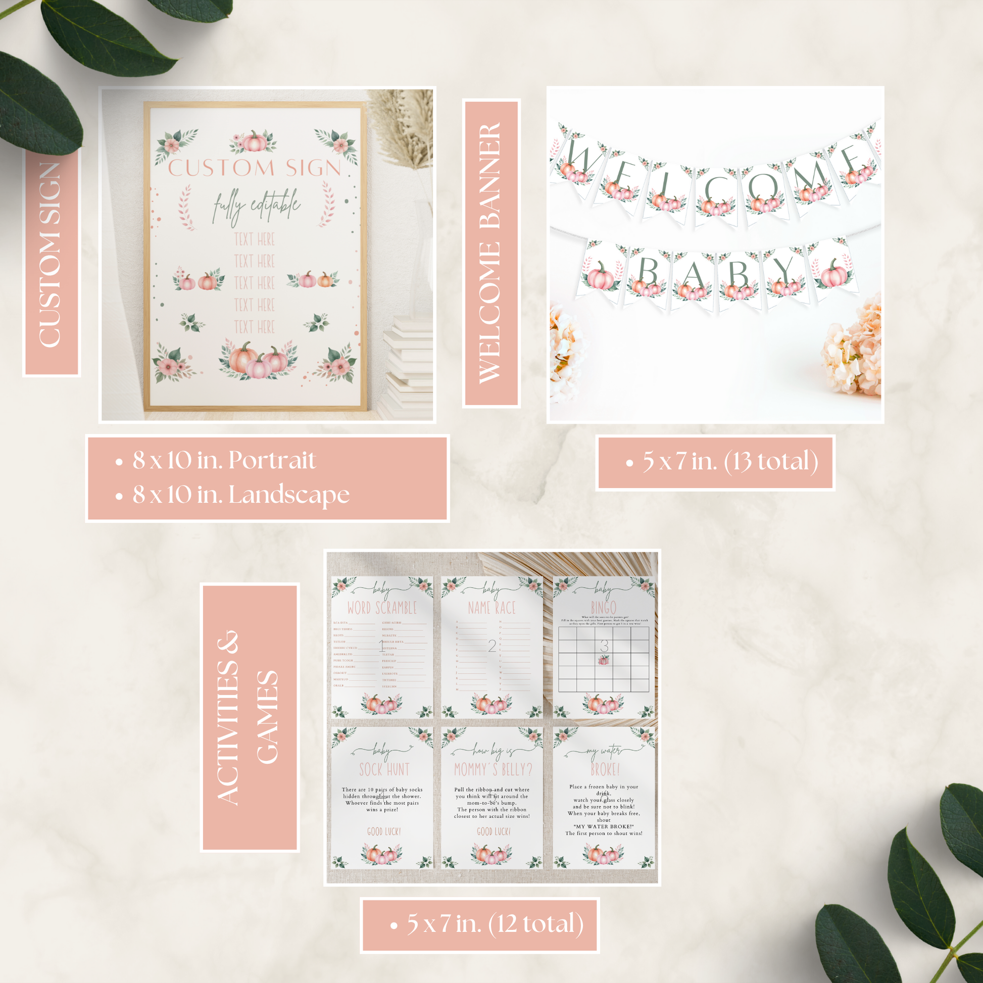 Collection of baby shower printables including a custom sign, welcome banner, and activity cards on a light background.