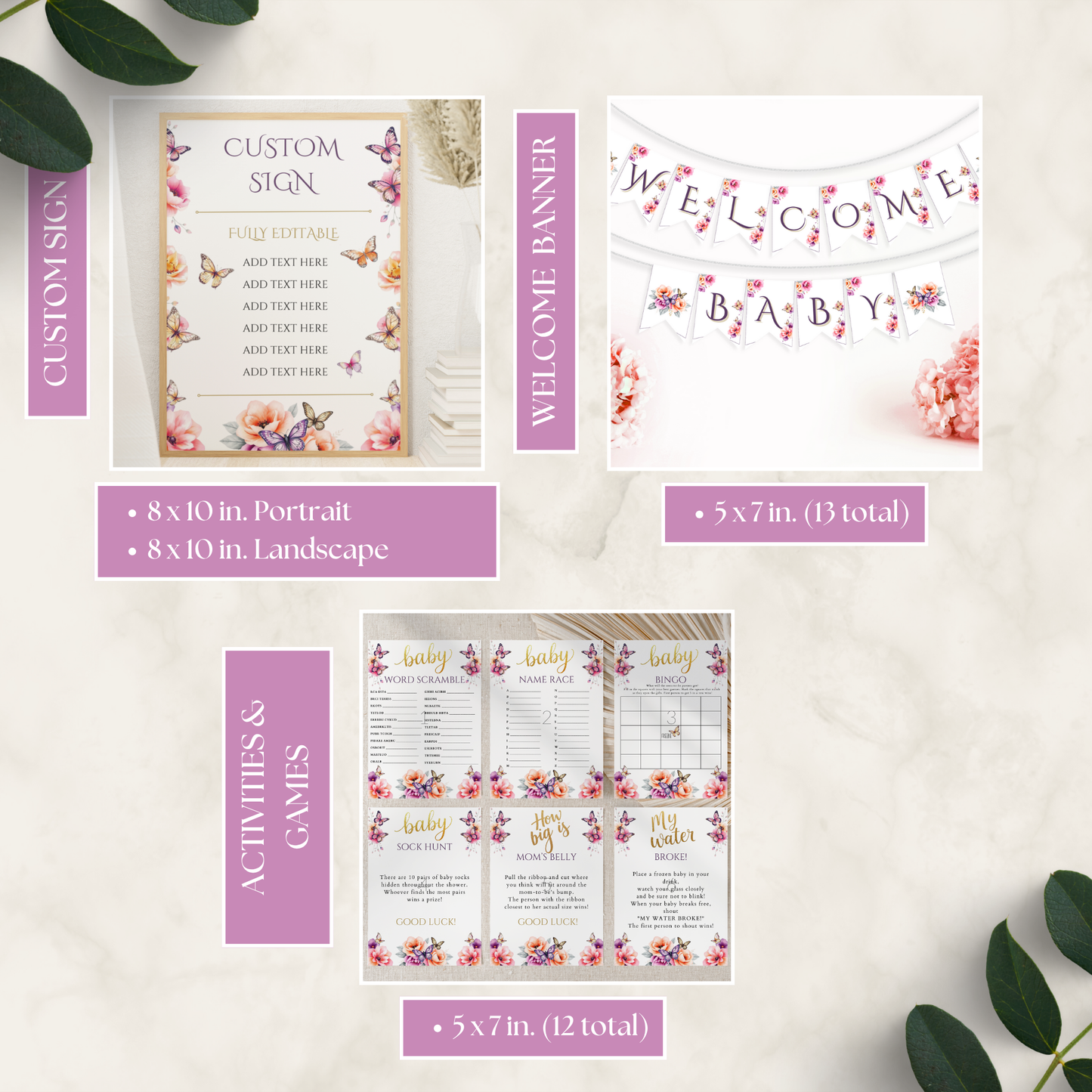 Collection of customizable baby shower printables including a sign, banner, and activity cards on a light background.