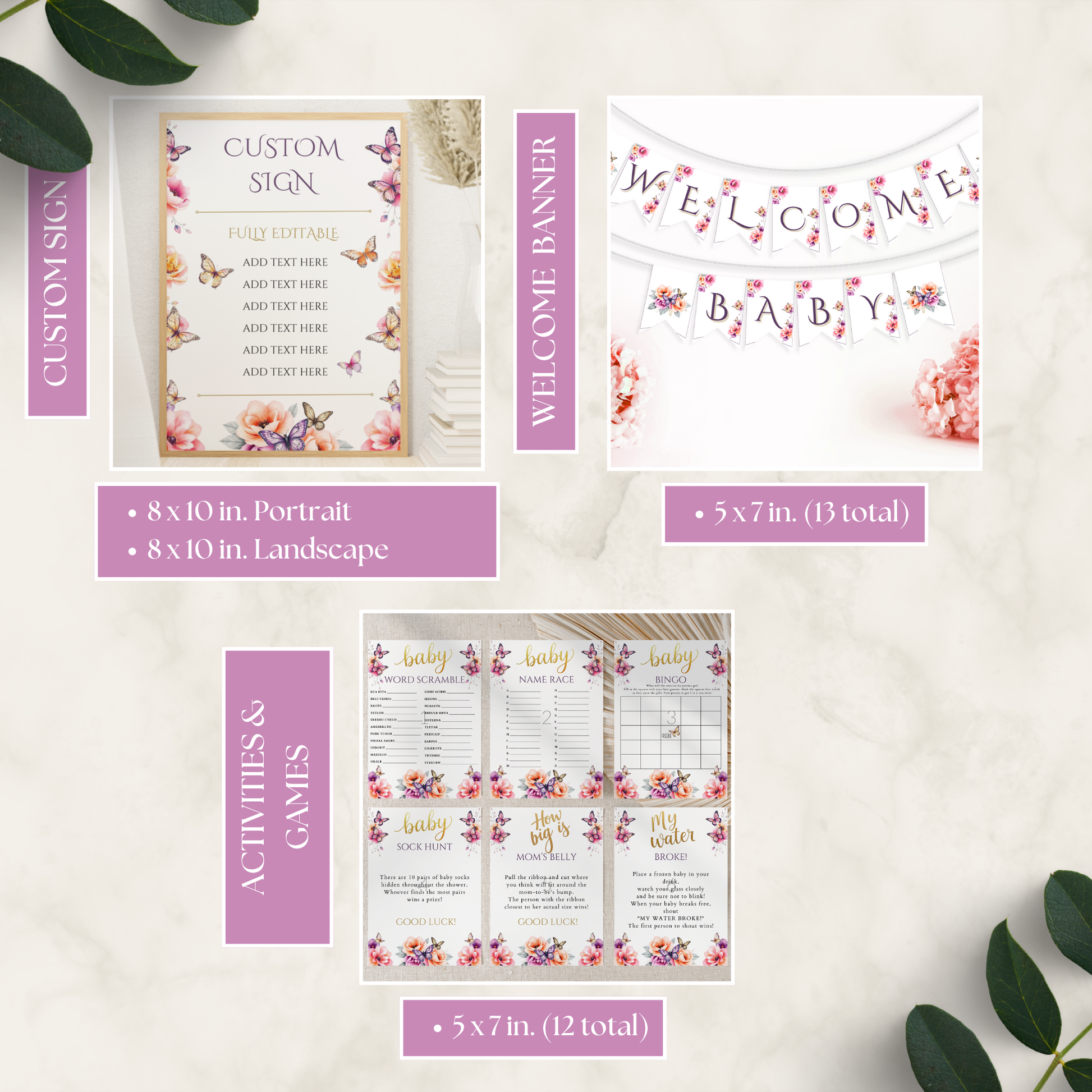 Collection of customizable baby shower printables including a sign, banner, and activity cards on a light background.