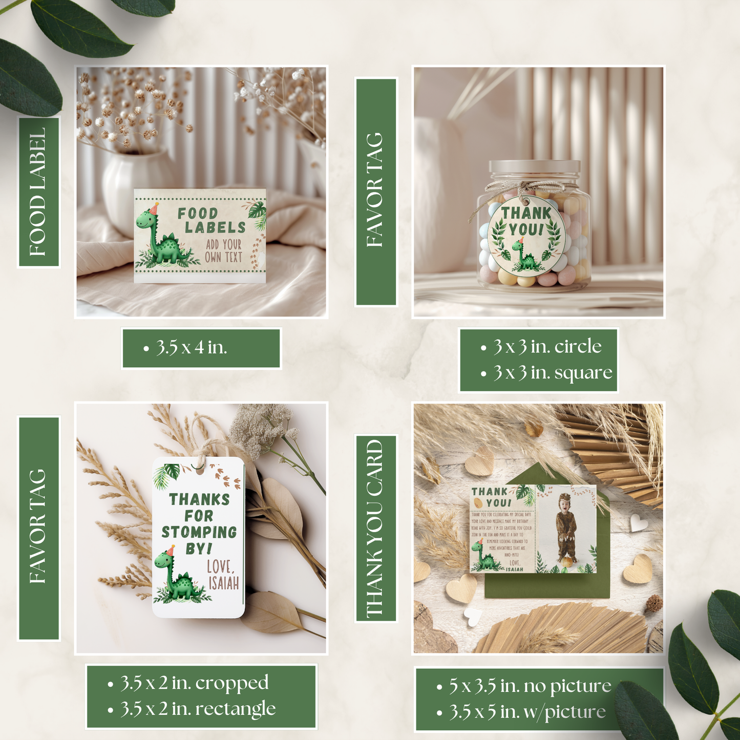 Collection of customizable labels with green accents and text on a neutral background.