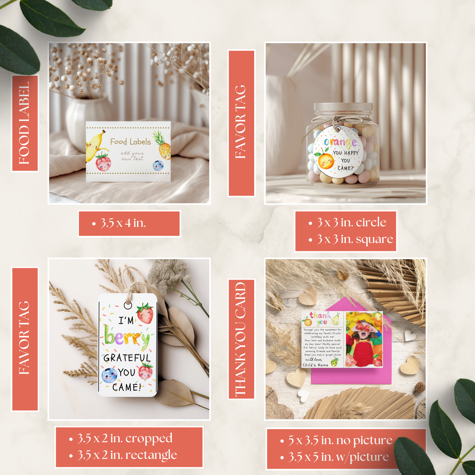 Collage of various labels and tags with text and graphics on a neutral background.