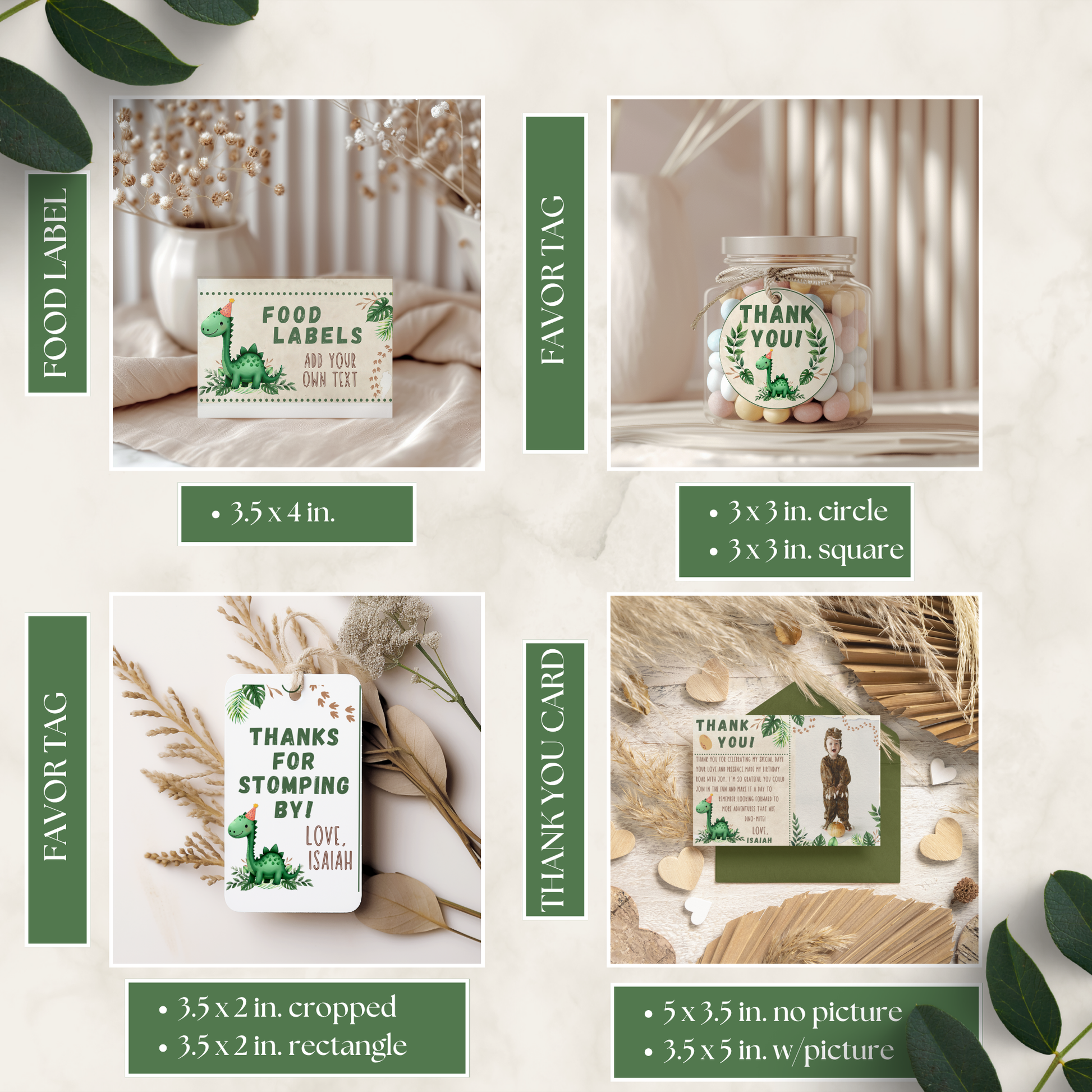 Layout of One-A-Saurus Themed Birthday Bundle featuring dinosaur-themed food labels, thank you tags, favor tags, and thank you cards with green leafy accents and rustic neutral backgrounds.