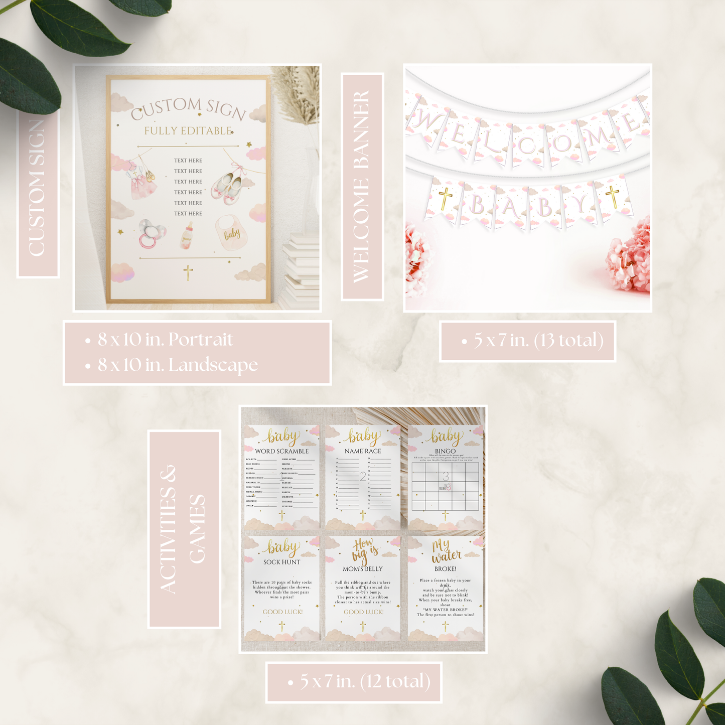 Flat lay of a baby shower bundle including a customizable sign, a welcome banner with delicate pink and gold accents, and various activity and game cards for guests, featuring soft pastel floral details, part of the A Little Piece Of Heaven Girl Baby Shower Bundle.