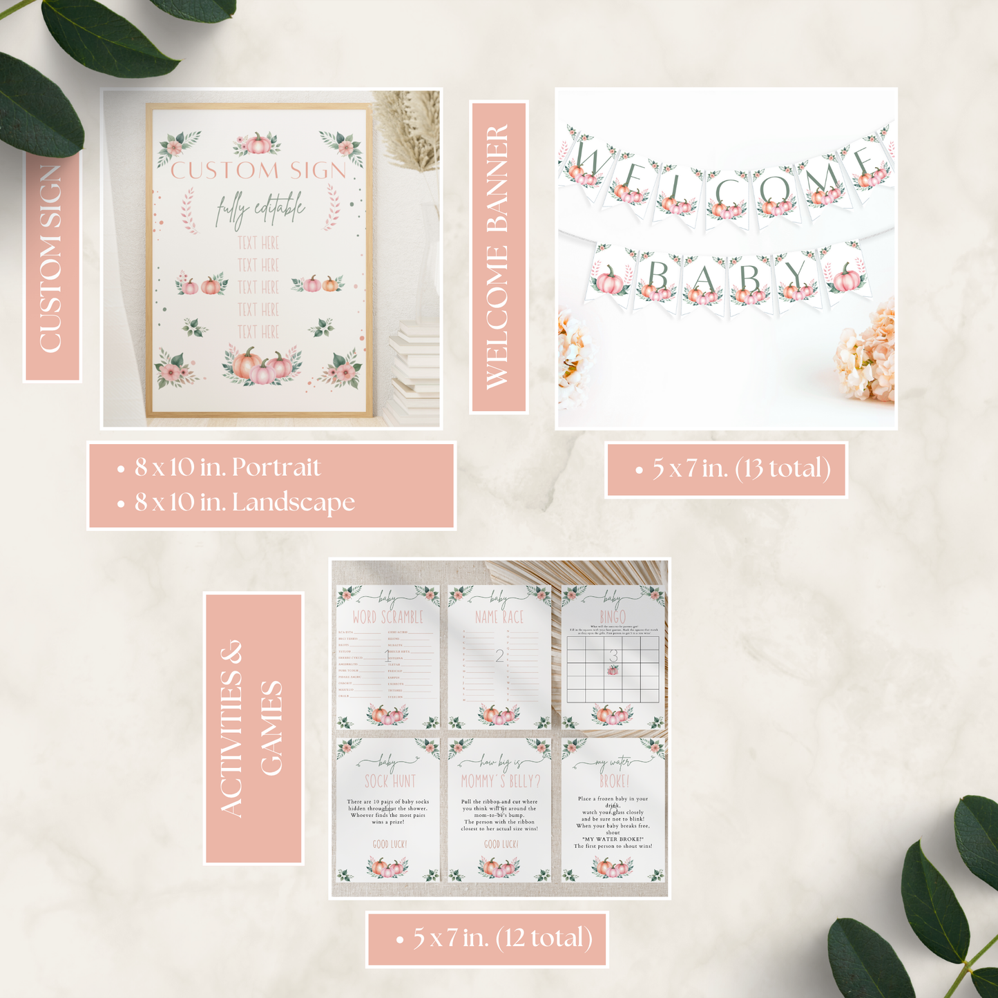 Digital baby shower bundle featuring custom pumpkin-themed sign, welcome banner spelling "Welcome Baby," and printable activity and game sheets, titled A Little Pumpkin is On The Way Baby Shower Bundle.