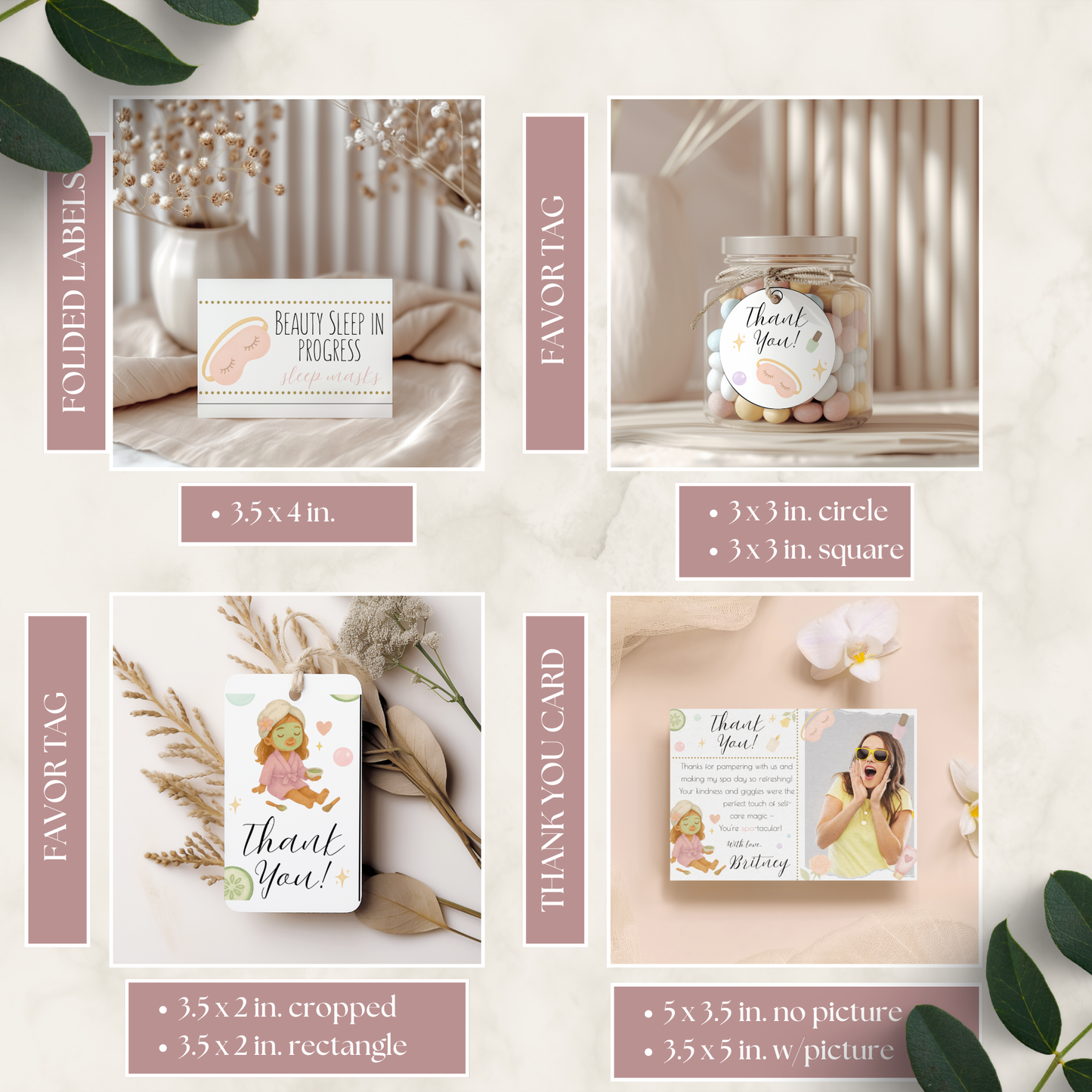 Collection of decorative labels and cards with text and images on a neutral background.