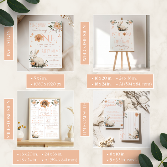 Some Bunny Is Turning One Birthday Bundle featuring digital party kit printables with floral and bunny designs including invitation, welcome sign, milestone sign, and time capsule cards displayed on various surfaces.