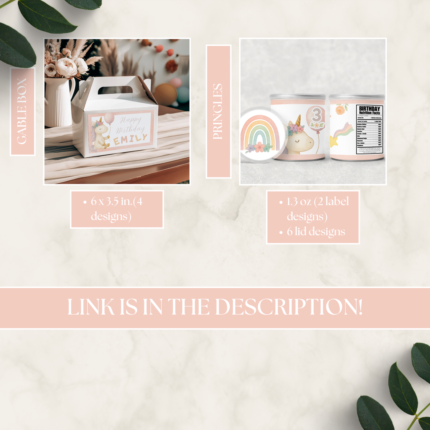 Unicorn Themed Birthday Bundle featuring a printable gable box with a unicorn design and customizable birthday message, alongside decorated Pringles cans with rainbow and unicorn labels perfect for party favors.