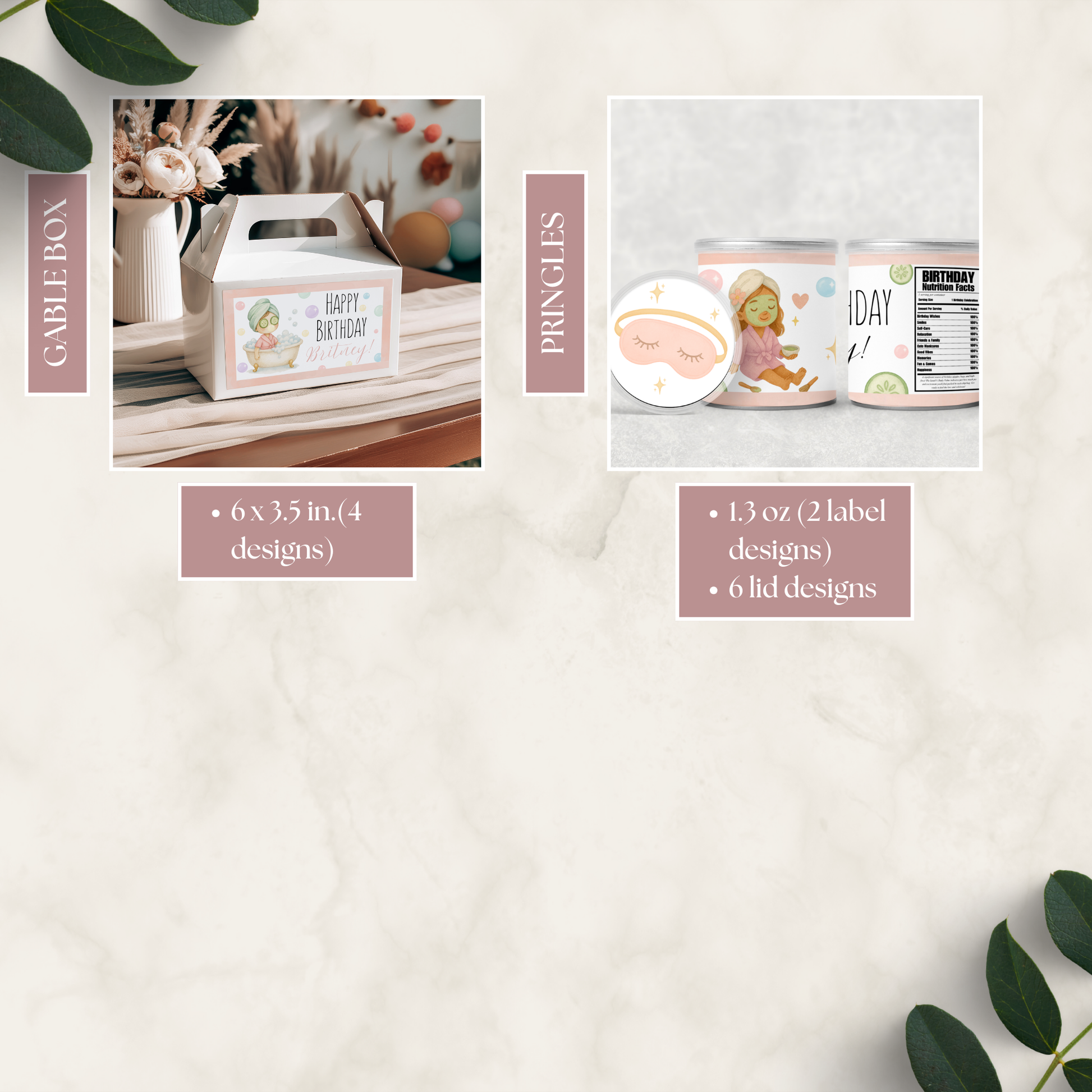 Product packaging with labels and a box on a light background