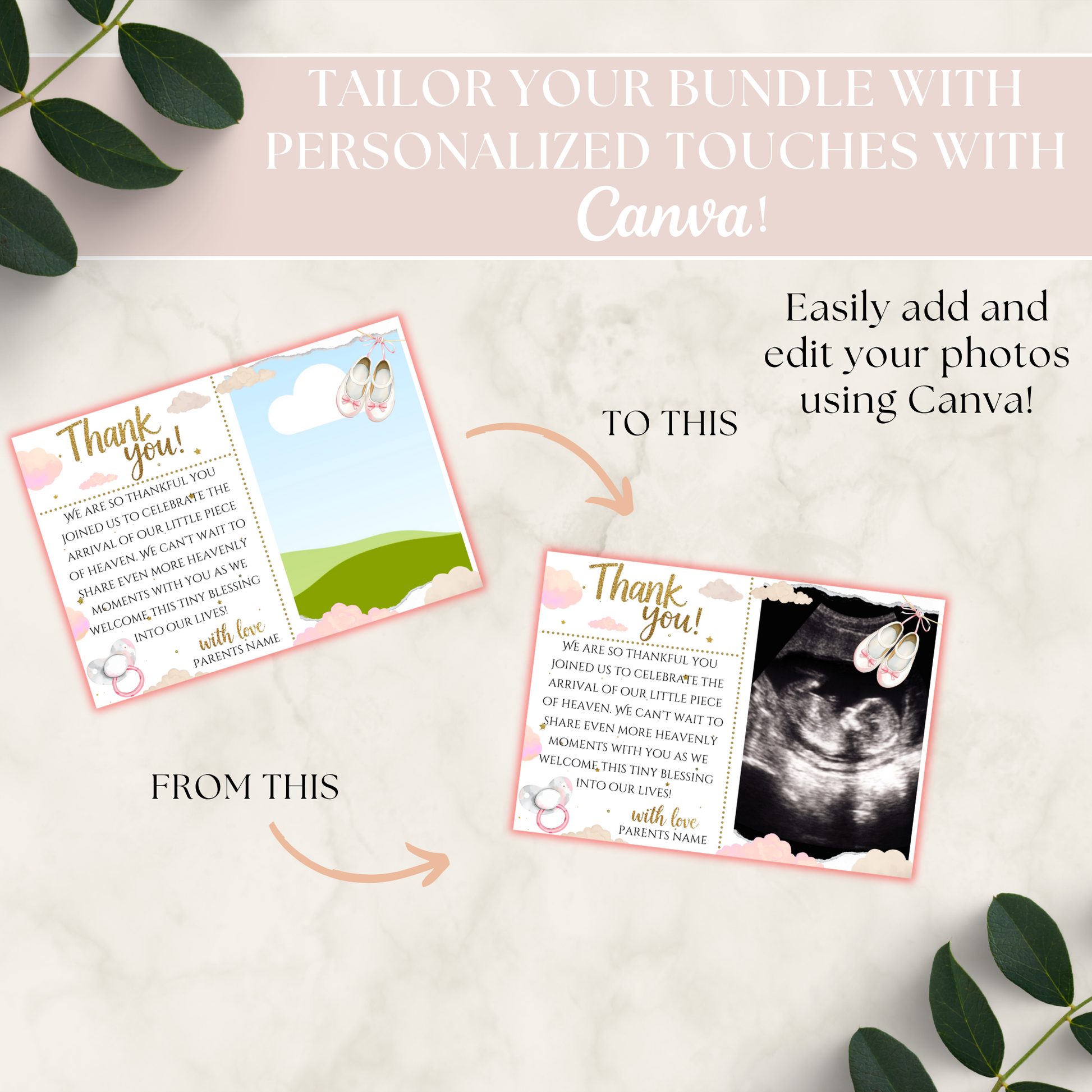 Demonstration of customizing a thank you card template from the A Little Piece Of Heaven Girl Baby Shower Bundle using Canva, featuring editable photo and text areas with soft pink and green design accents.