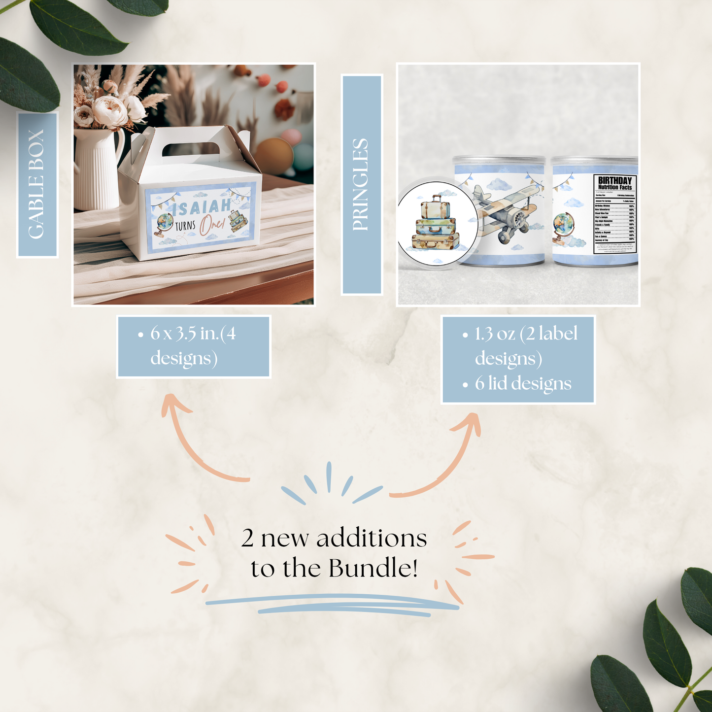 Product bundle with personalized labels and packaging on a light background