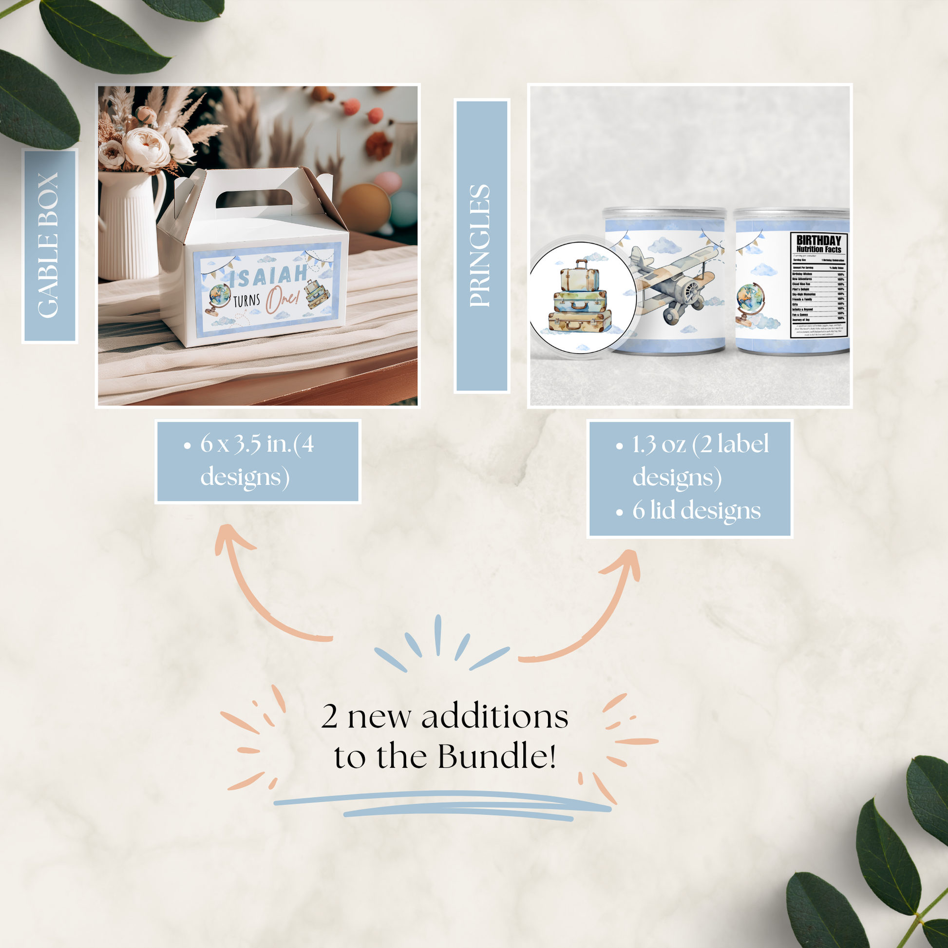 Product bundle with personalized labels and packaging on a light background