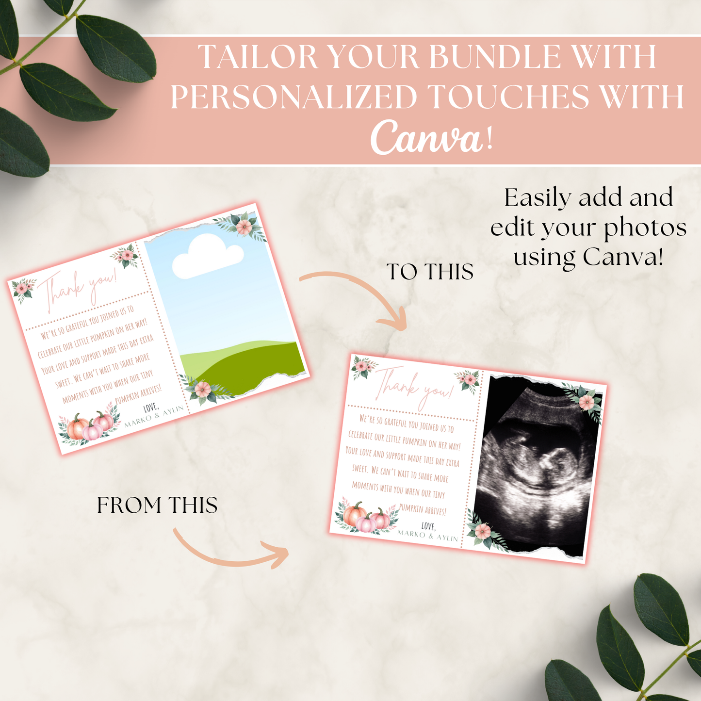 Card with floral design and text, transitioning to a card with an ultrasound image and text, on a light background with leaves.