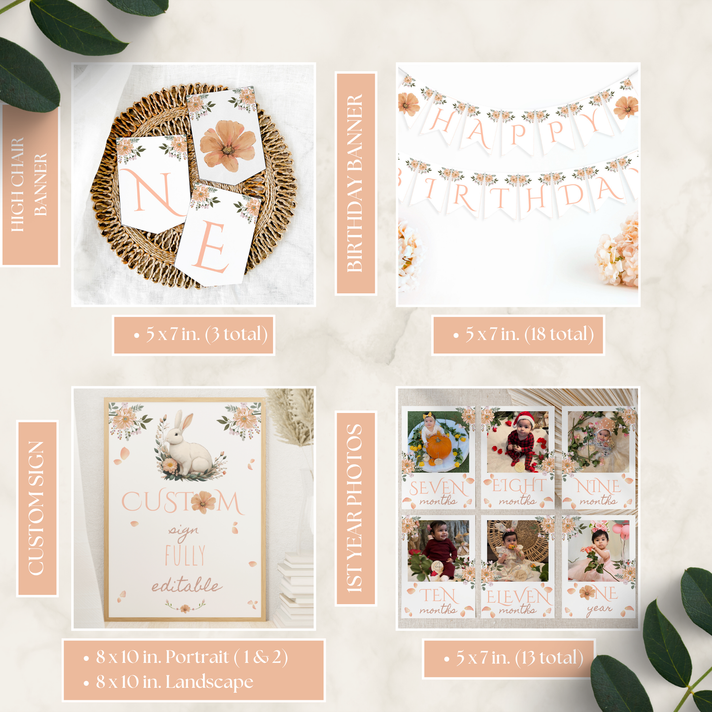 Some Bunny Is Turning One Birthday Bundle featuring printable birthday banner with floral accents, customizable sign with bunny illustration, and monthly milestone photo cards for first year celebration.