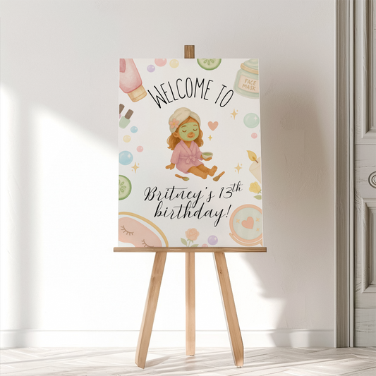 Birthday welcome sign on an easel with a child's illustration and text.