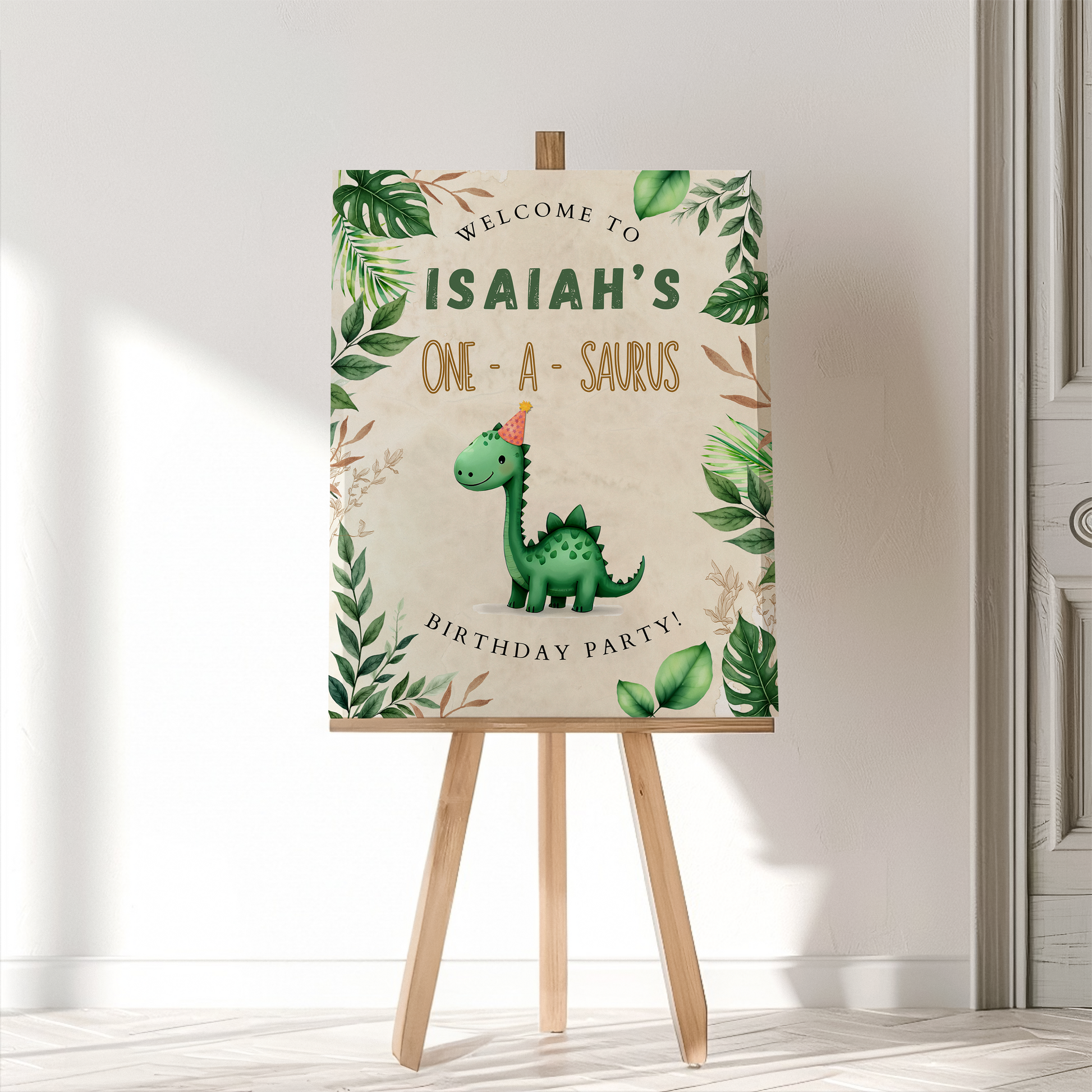 Birthday party sign with dinosaur illustration on a stand against a white wall.