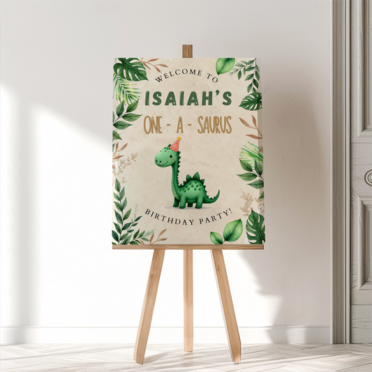 Birthday party sign with dinosaur illustration on a stand against a white wall.