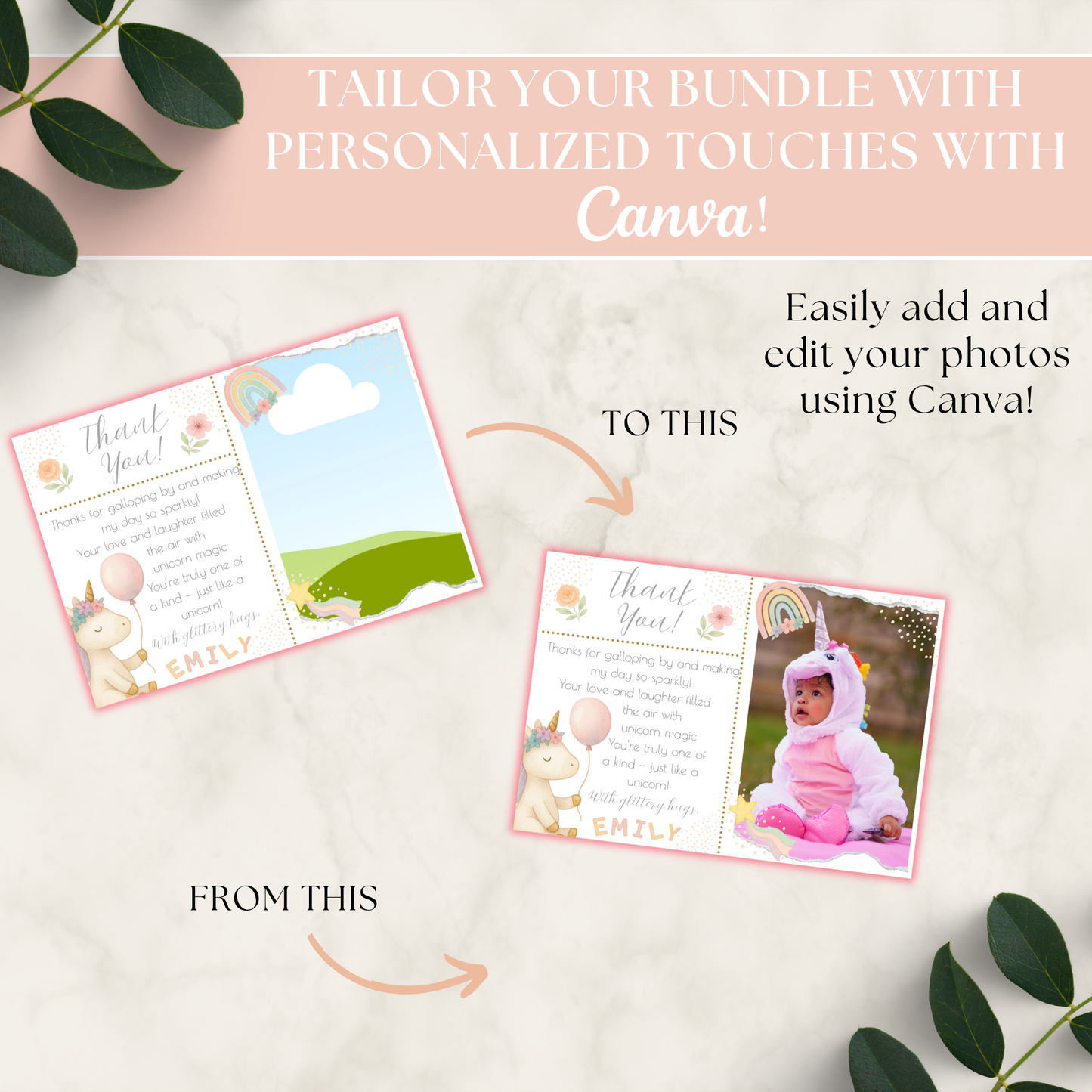 Unicorn Themed Birthday Bundle showing customizable thank you cards with a blank design transformed by adding a photo of a child in a unicorn costume, highlighting easy personalization using Canva templates.