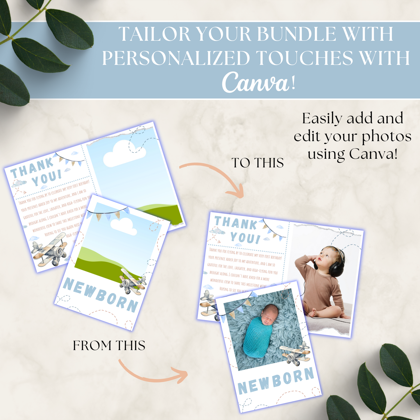 Baby thank you cards with a baby photo and text on a light background with leaves.