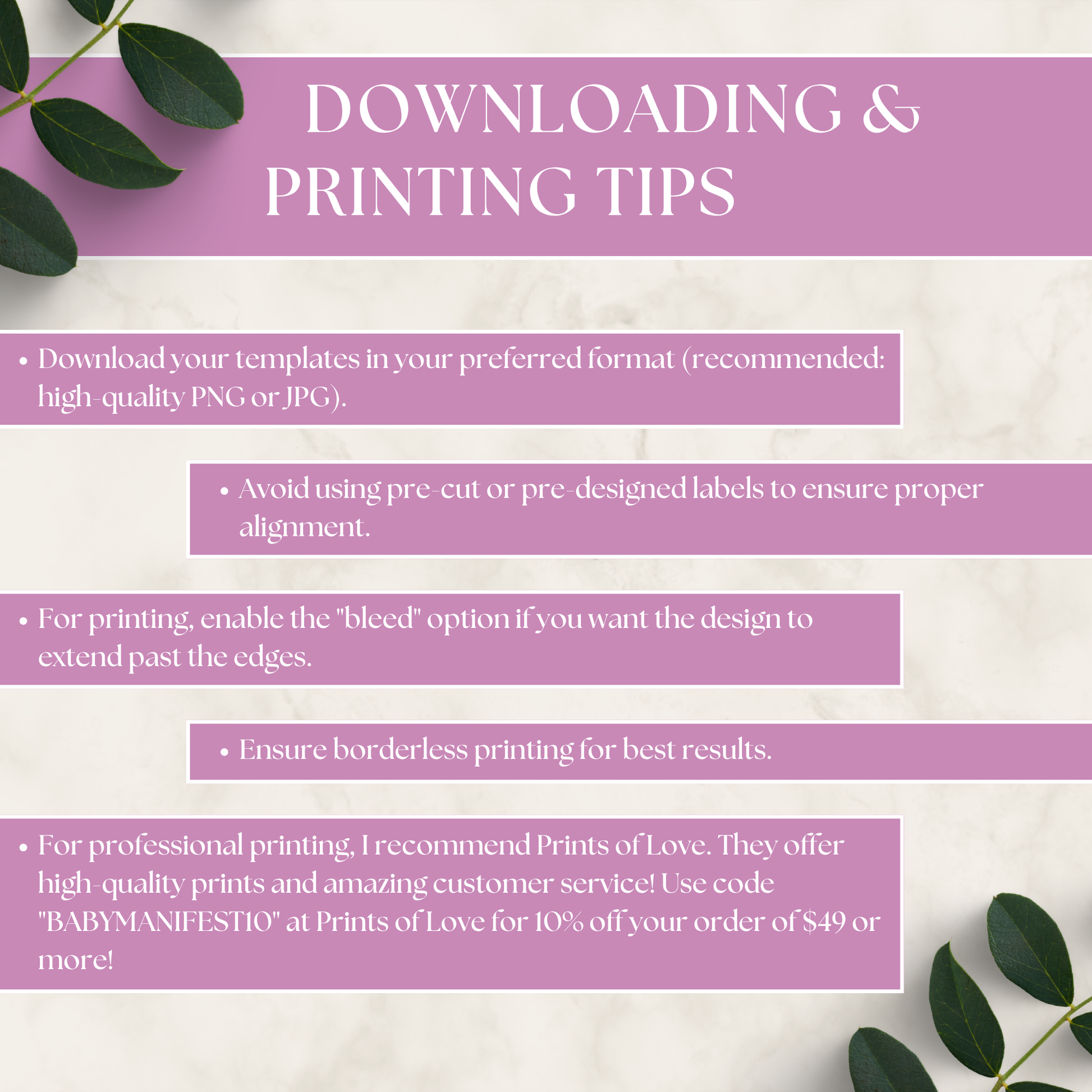 Downloading and printing tips for the Enchanted To Meet You Baby Shower Bundle displayed on a soft pink and white background with green leaves, offering advice on template formats, printing settings, and professional print recommendations.