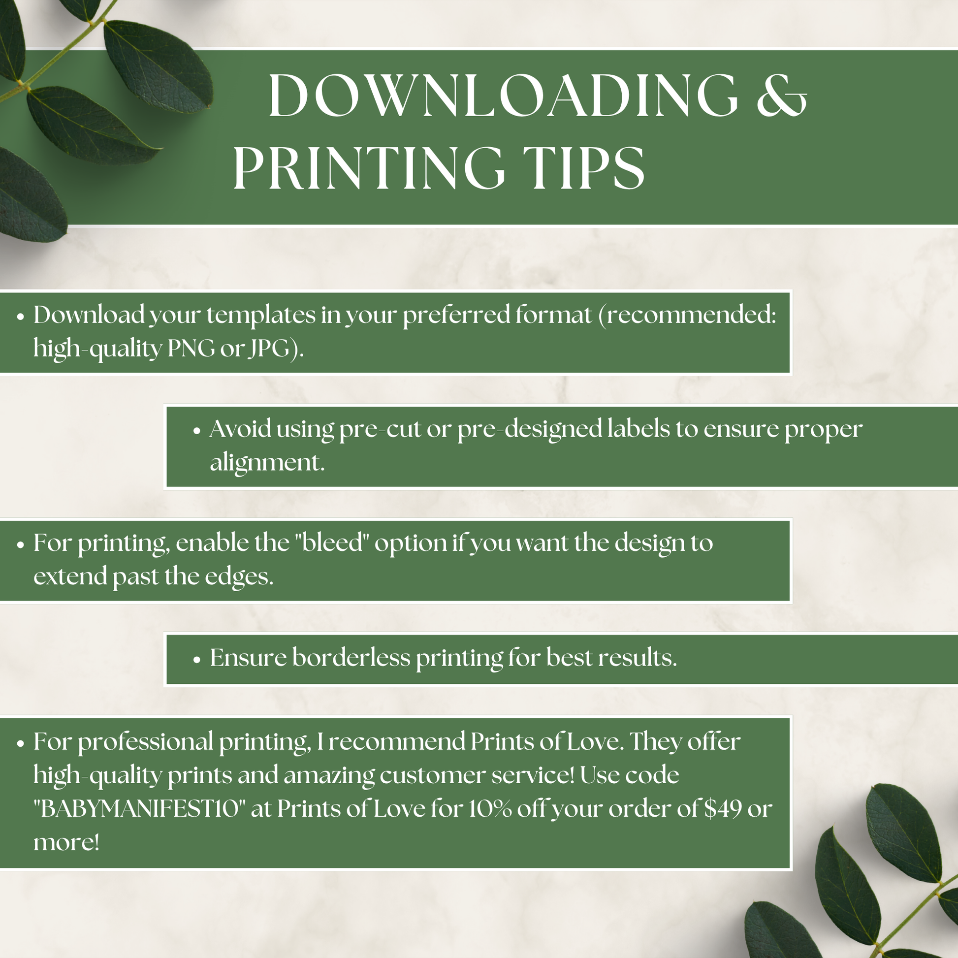 Downloading and printing tips for the One-A-Saurus Themed Birthday Bundle including format recommendations, avoiding pre-cut labels, enabling bleed option, and professional print service advice.