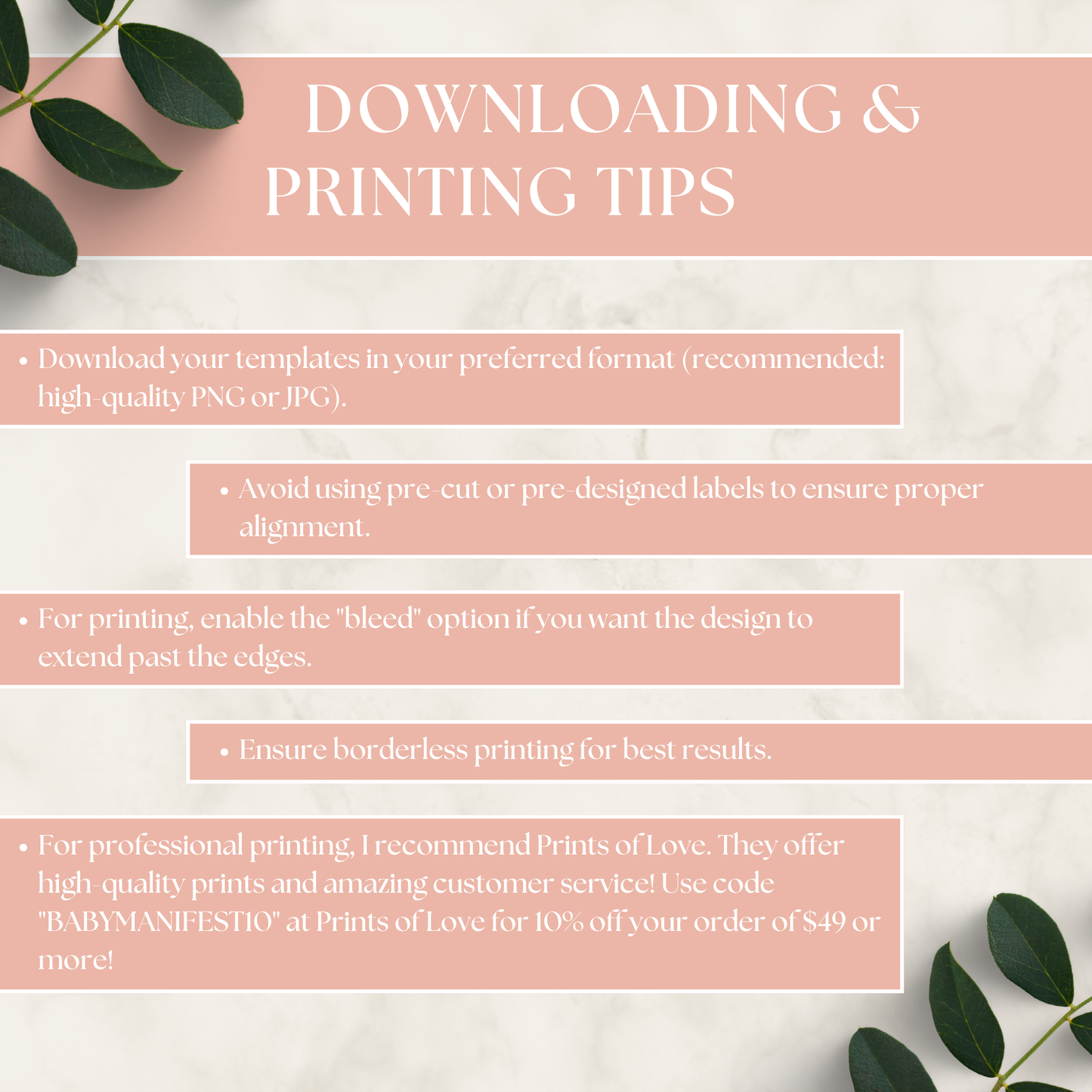 Instructions for downloading and printing with a decorative pink banner and green leaves.