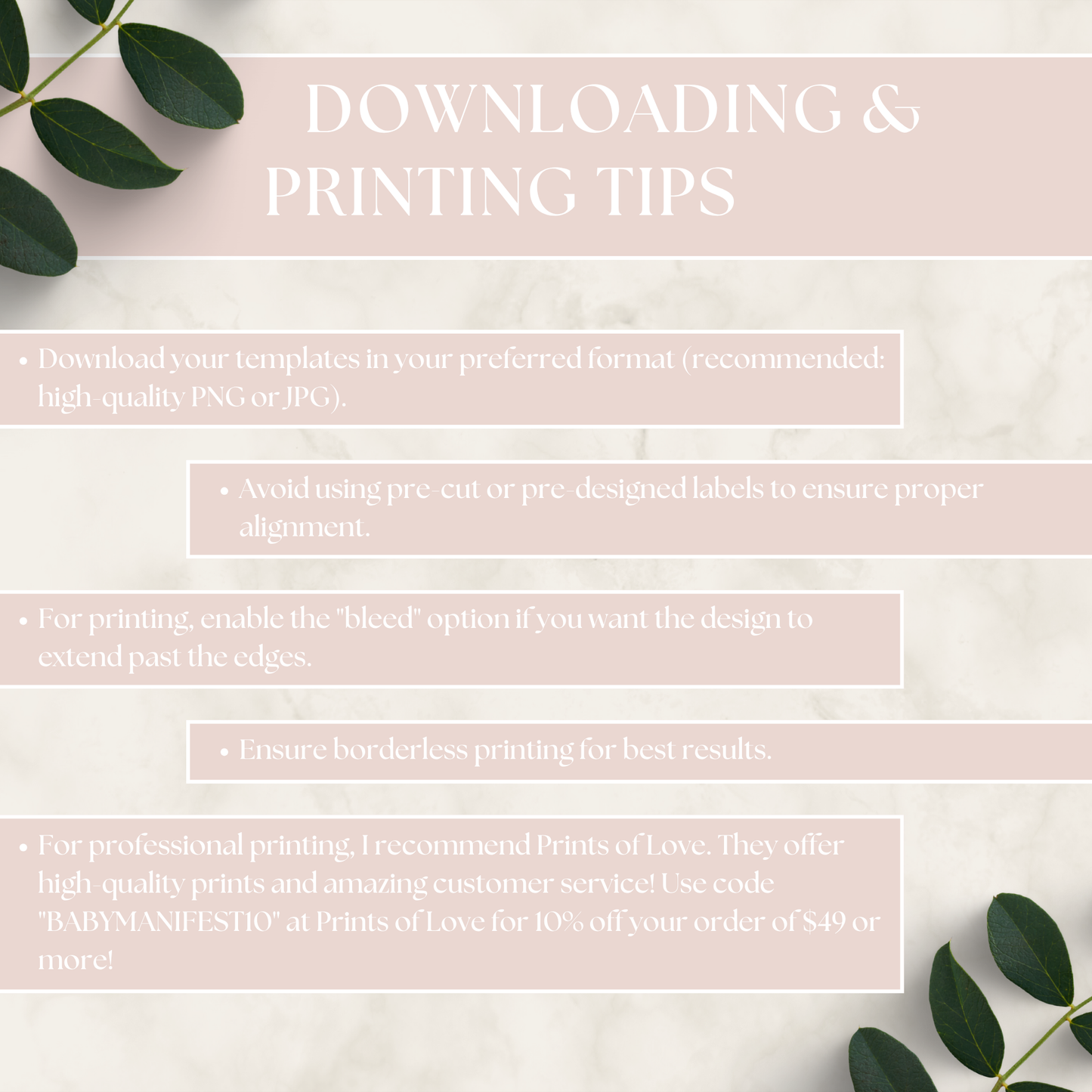 Downloading and printing tips with a decorative background and text overlay.