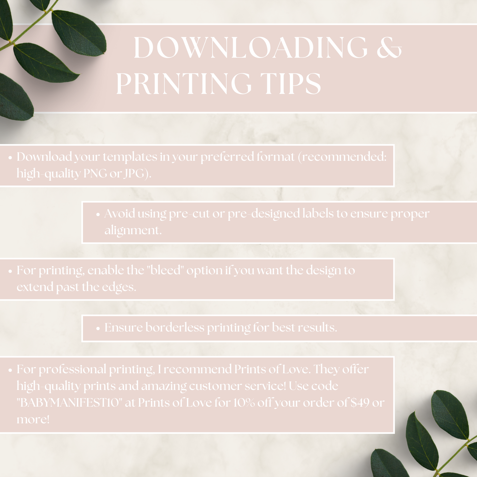 Downloading and printing tips with a decorative background and text overlay.