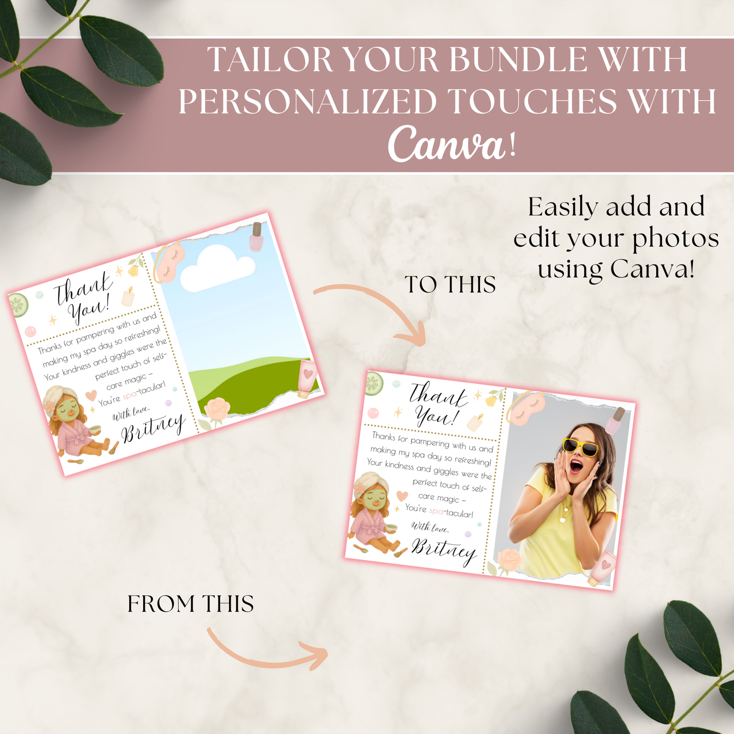 Two personalized thank you cards with a woman's face on one, on a light background with text about using Canva.